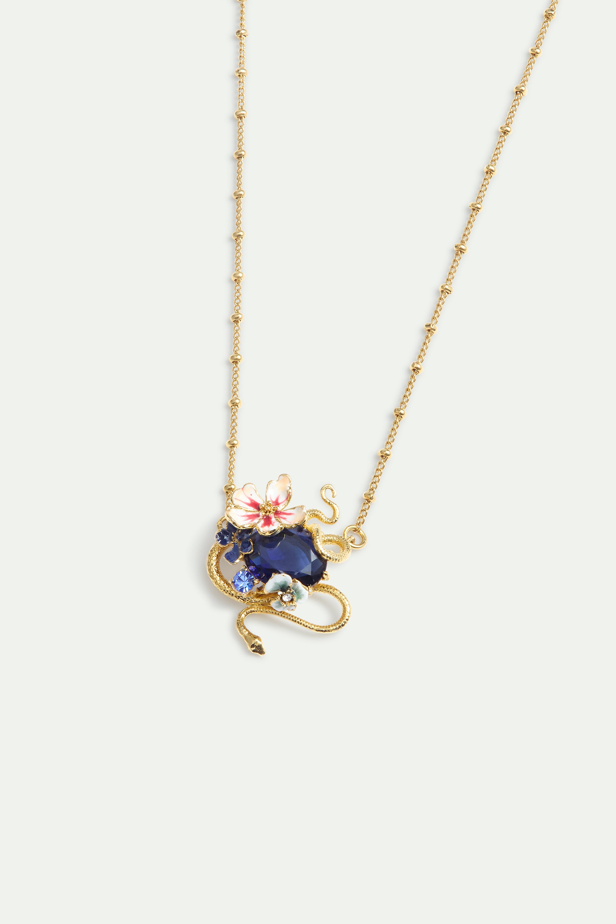Necklace with blue faceted stone, gold snake and mallow flowers