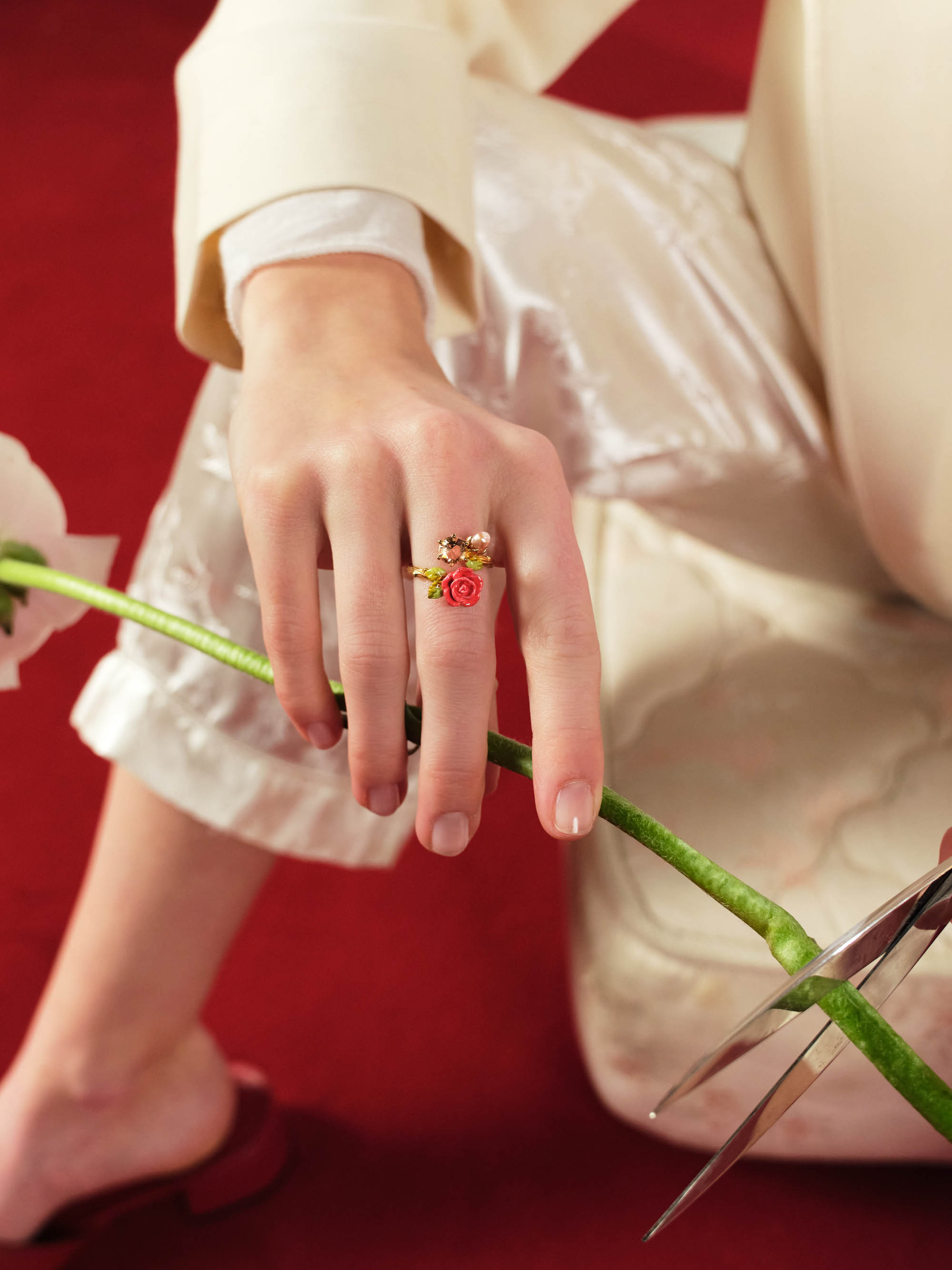 Rose, cultured pearl and stone adjustable ring