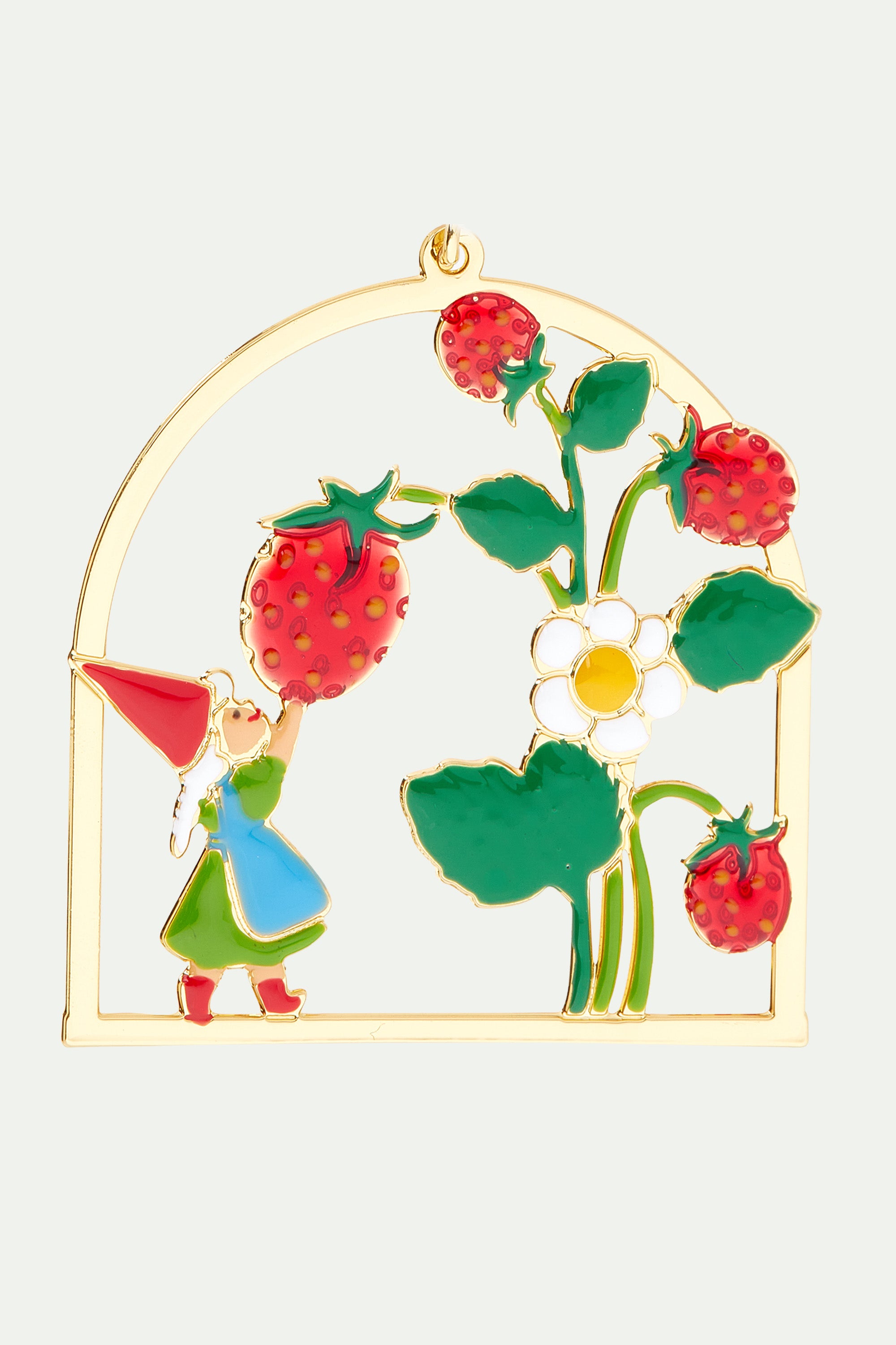 Garden gnome lady and strawberry picking pendant necklace