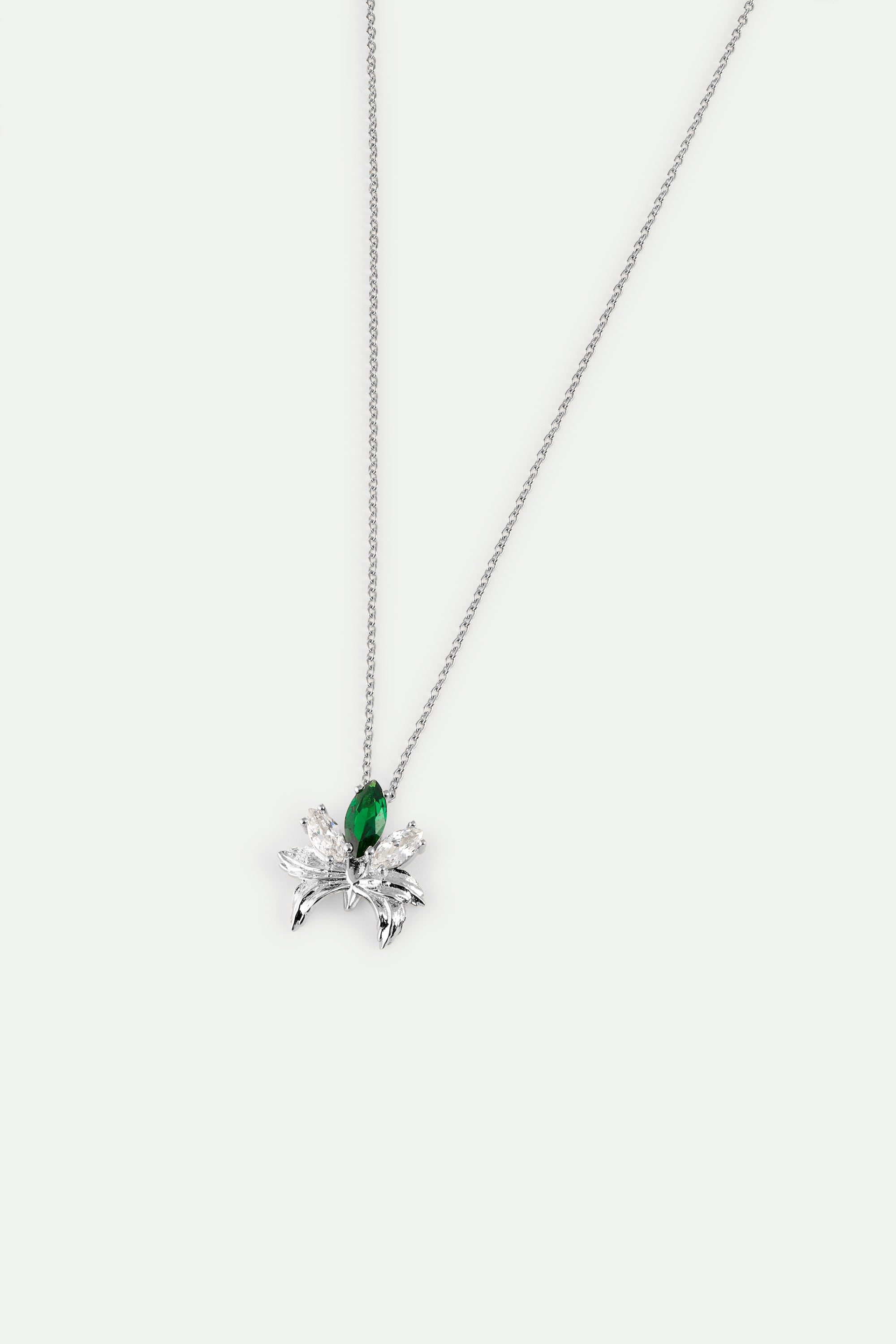 Silver pendant necklace with orchid, green and white stones