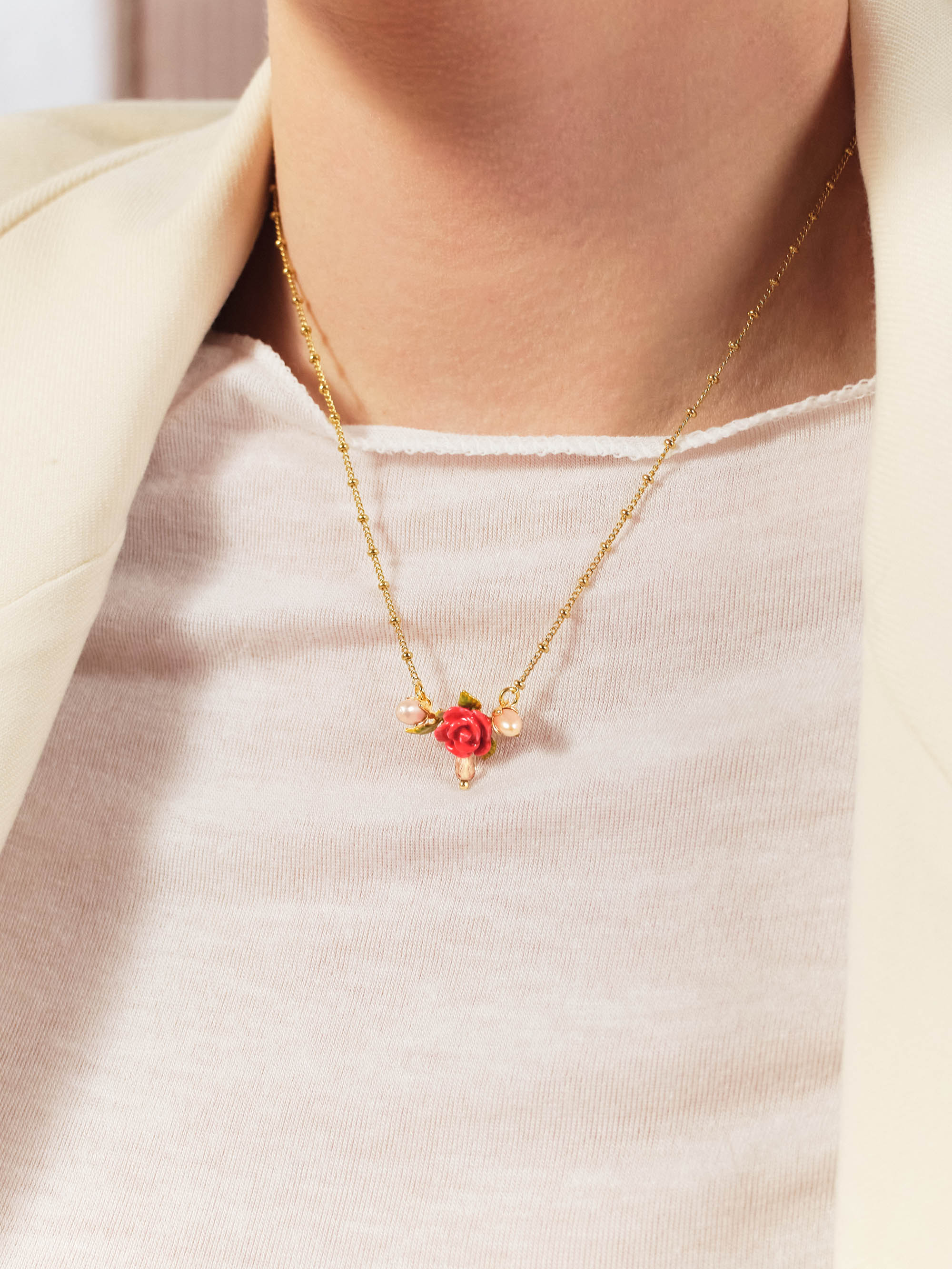 Rose, cultured pearl and glass drop statement necklace