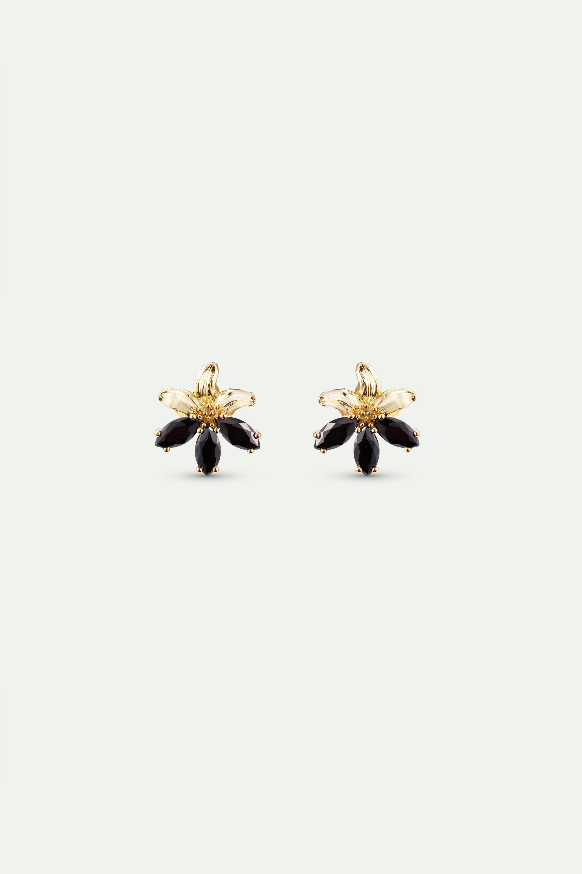 Gold lily and black stone post earrings