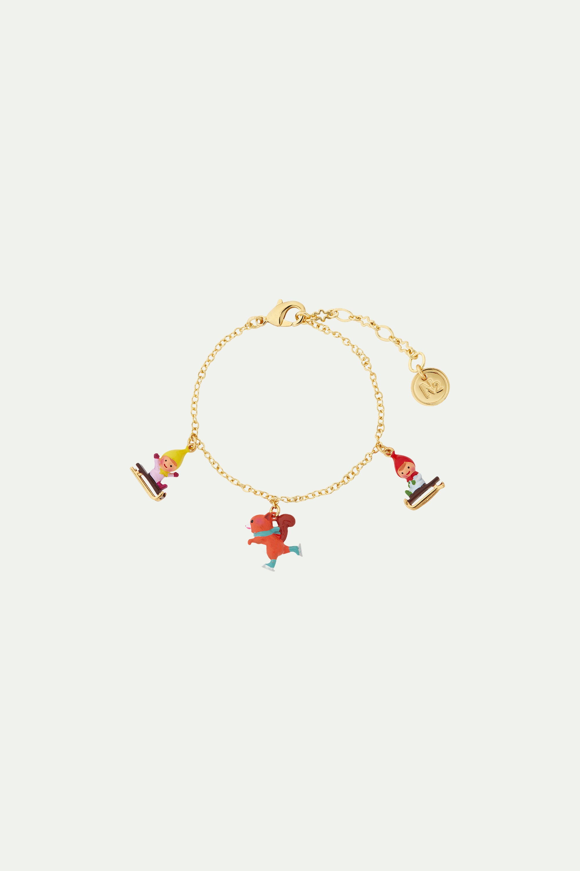 Sledging garden gnome children and squirrel charm bracelet