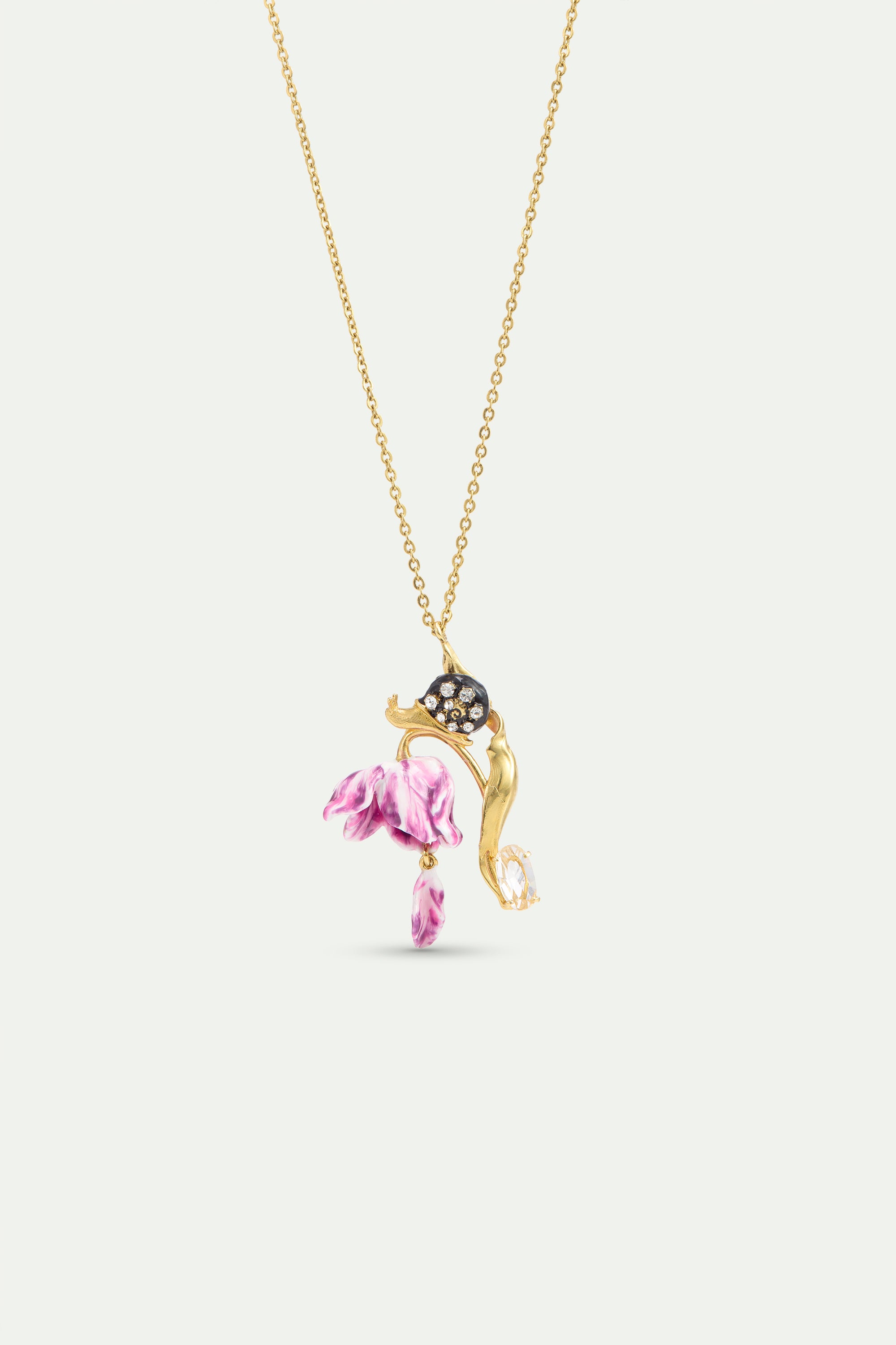 Purple tulip, snail and crystal pendant necklace