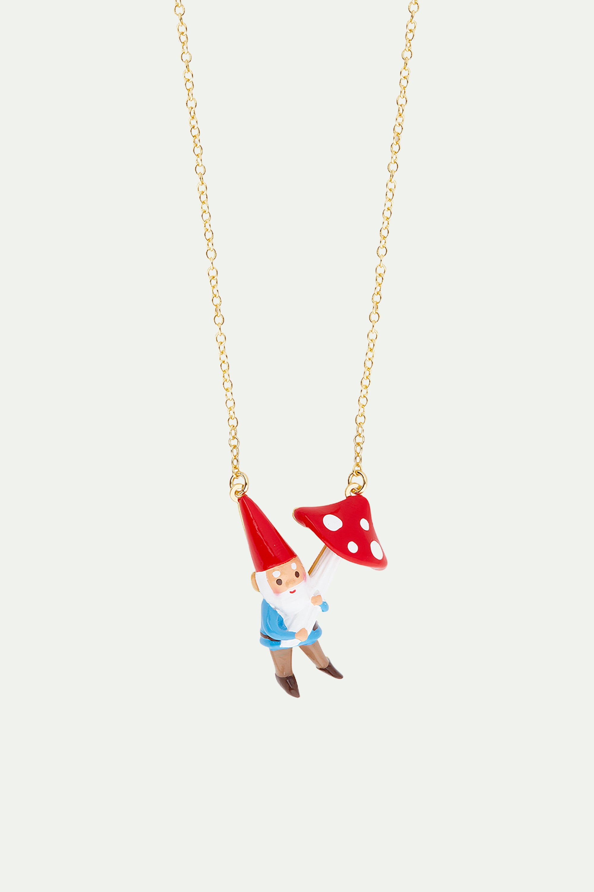 Garden gnome and mushroom pendant necklace