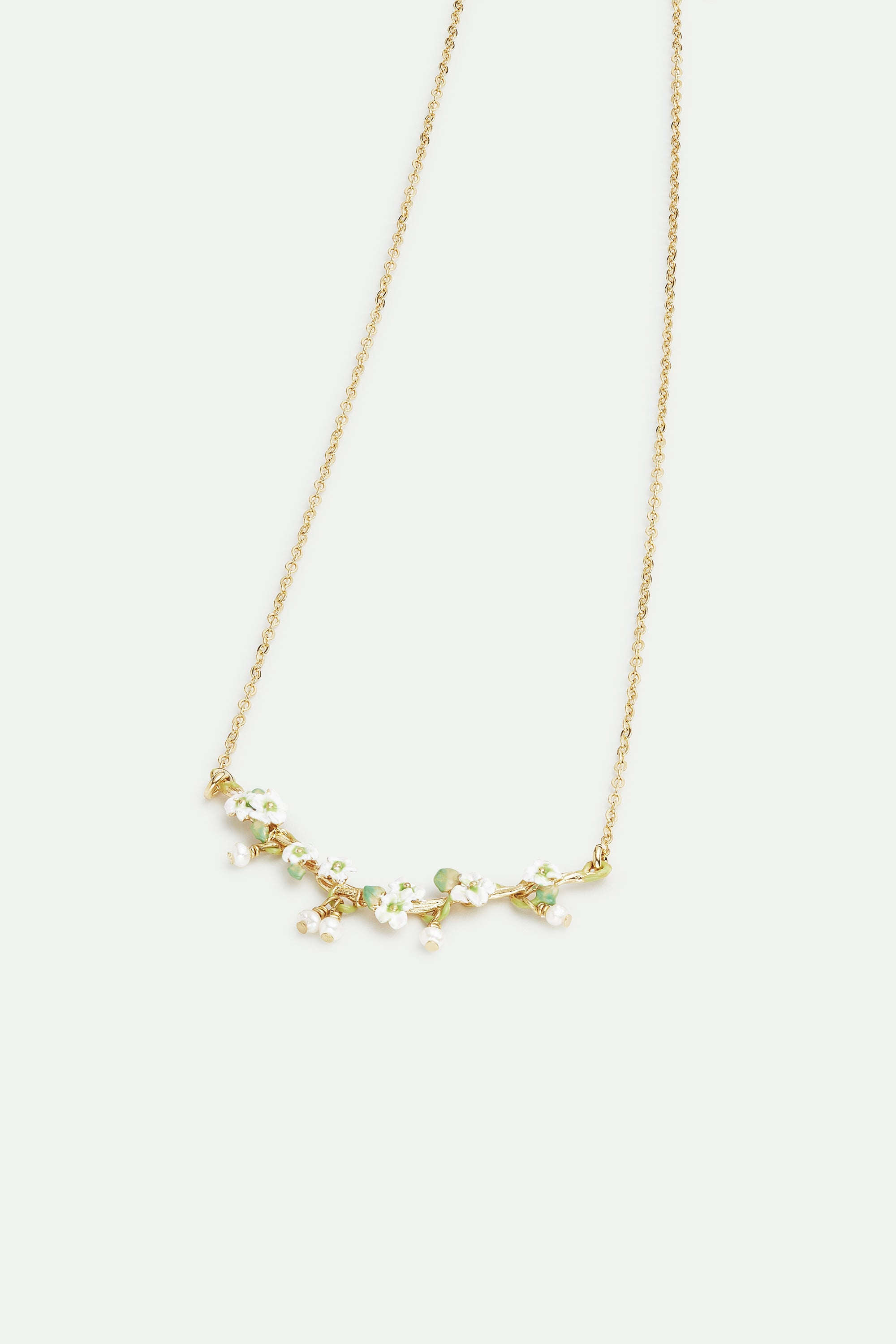 White hollyhocks and mother of pearl beads gold-plated statement necklace