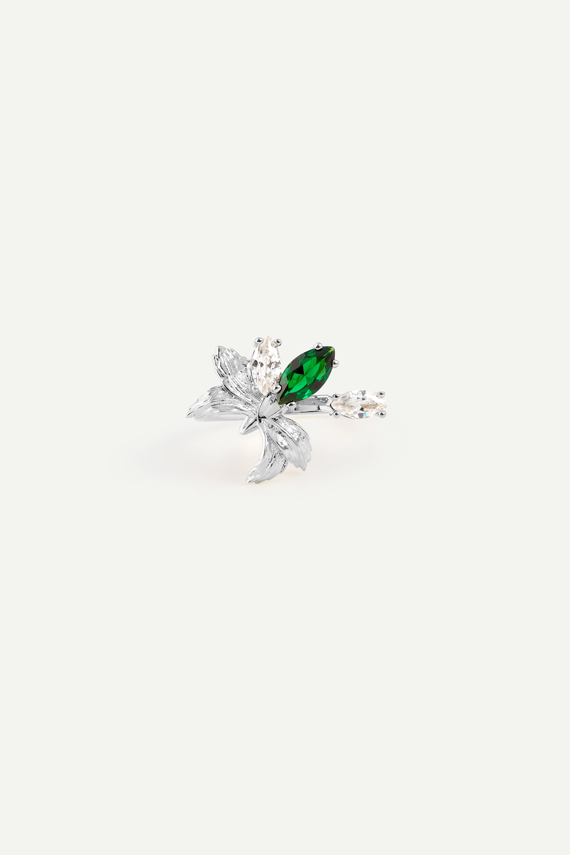 Silver adjustable ring with orchid, green and white stones