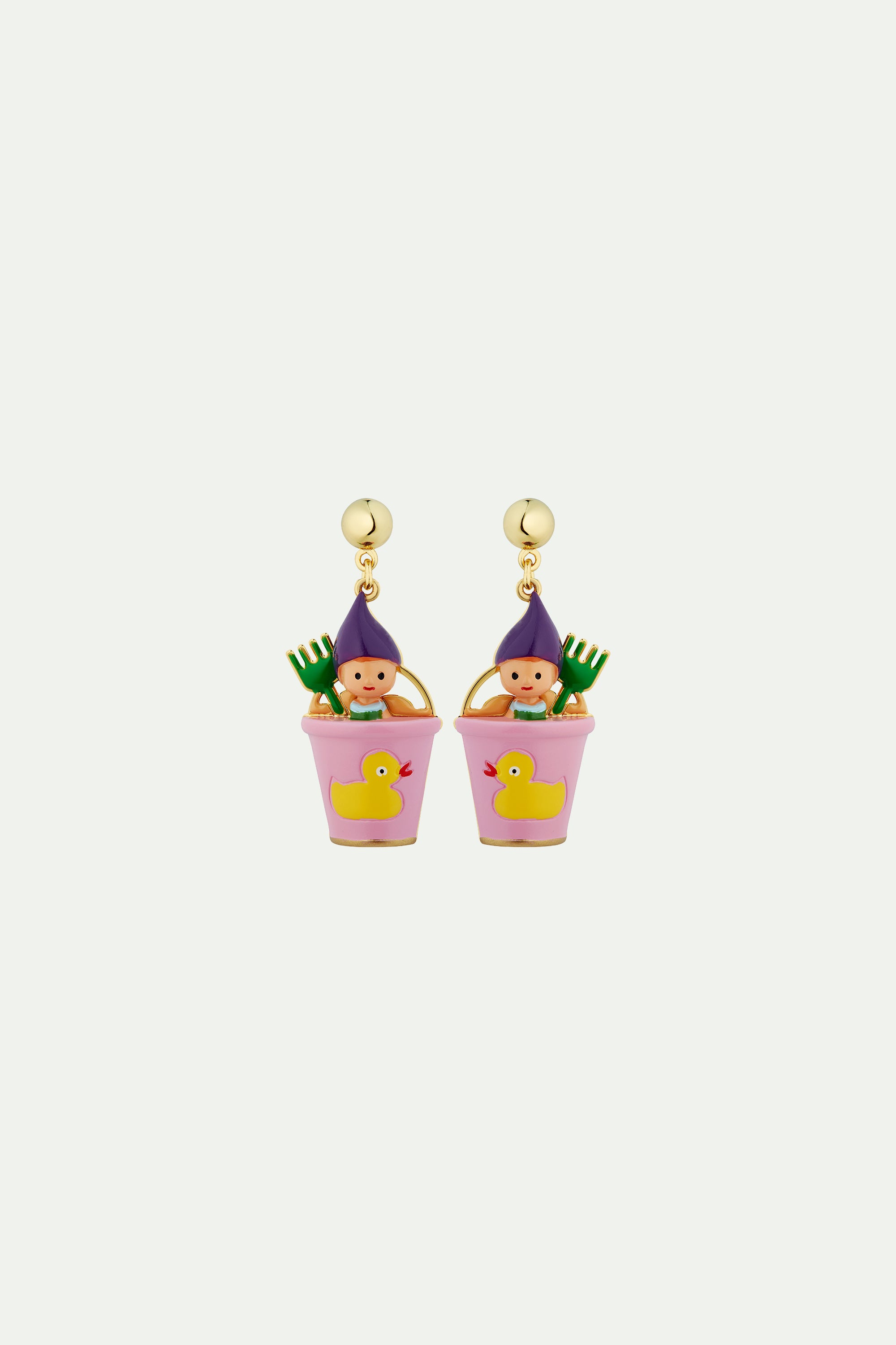 Gnome, green rake and pink bucket earrings
