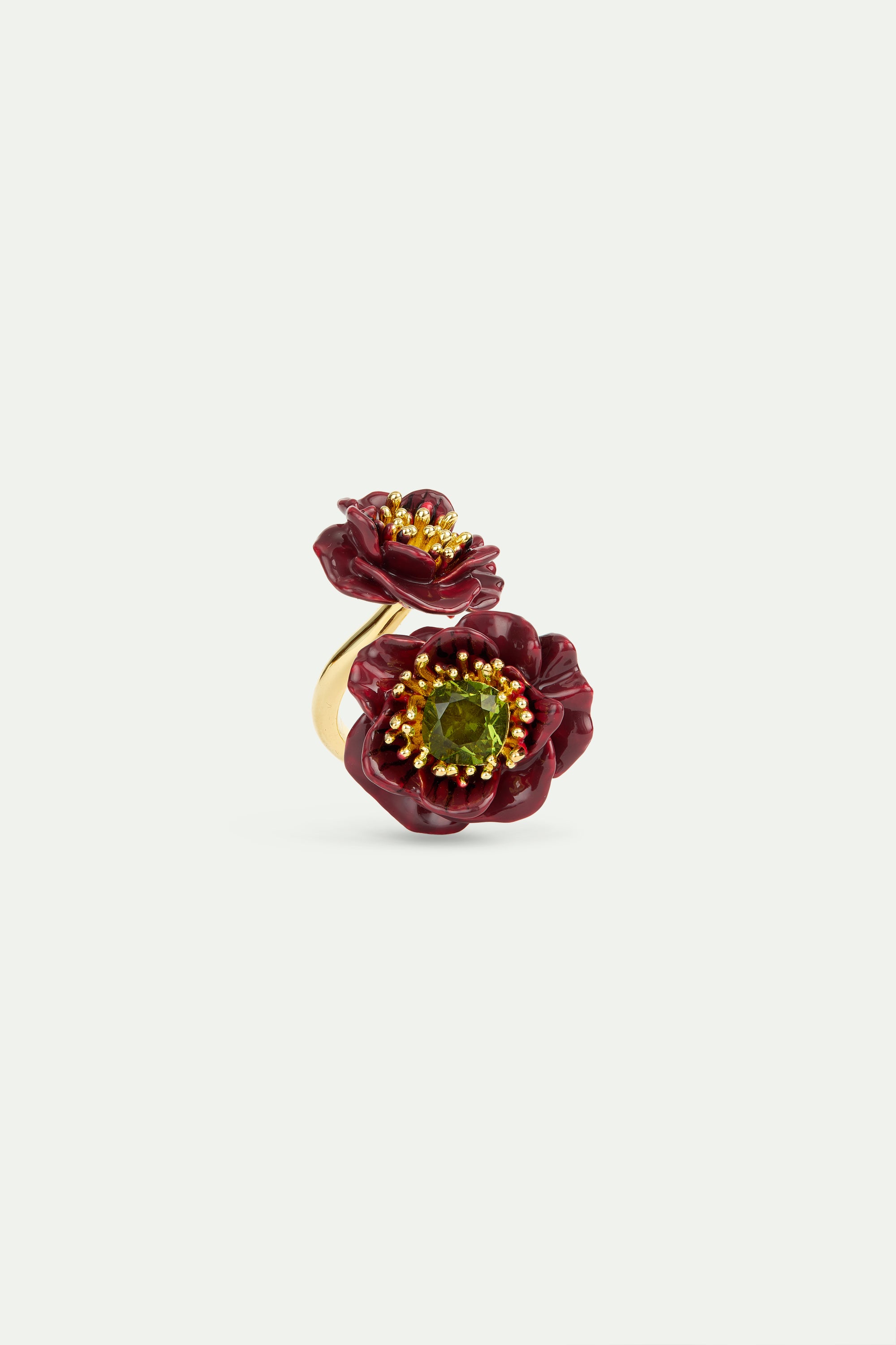 Burgundy anemone flower and green faceted stones adjustable ring