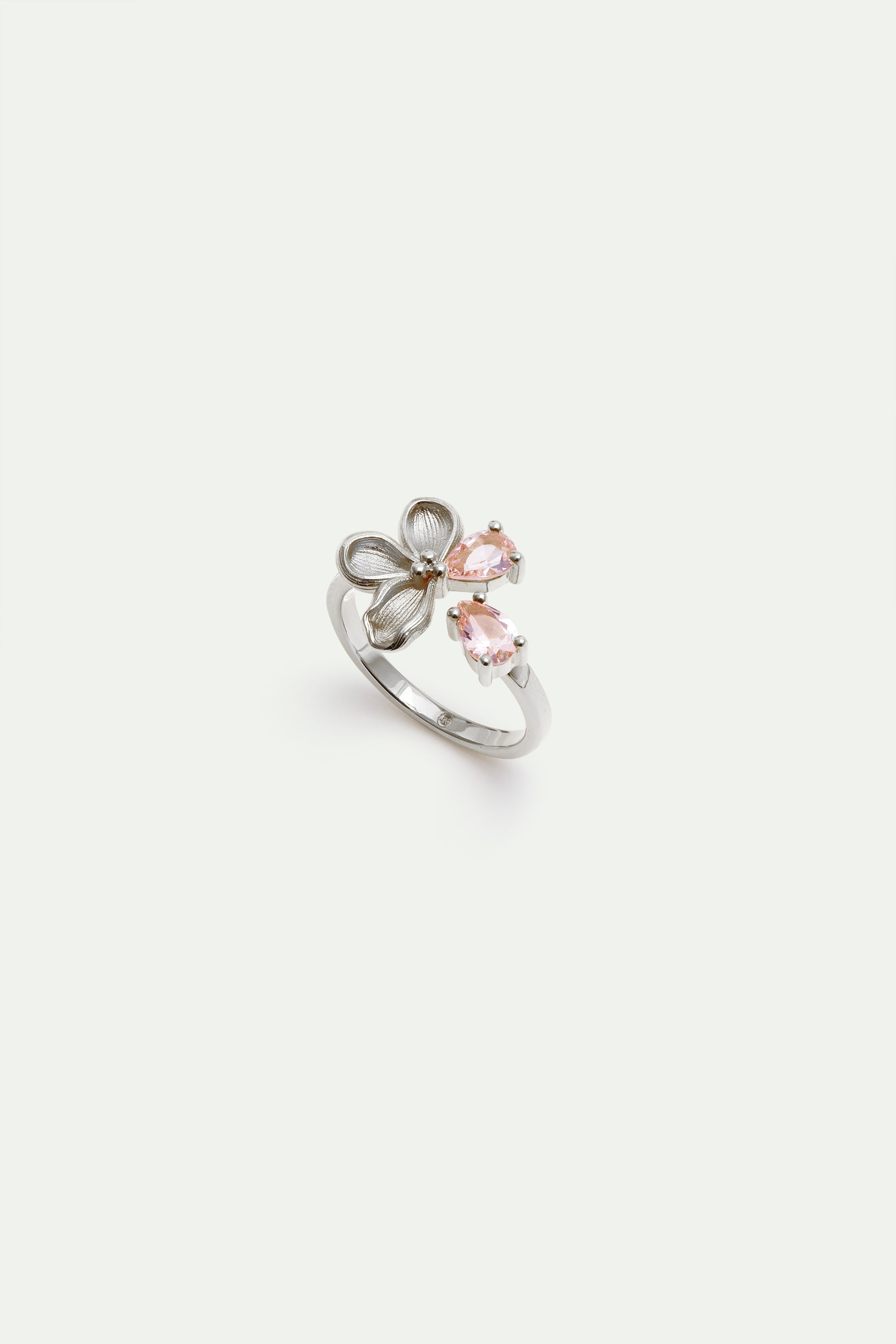 Adjustable silver ring with cherry blossom and pink stones