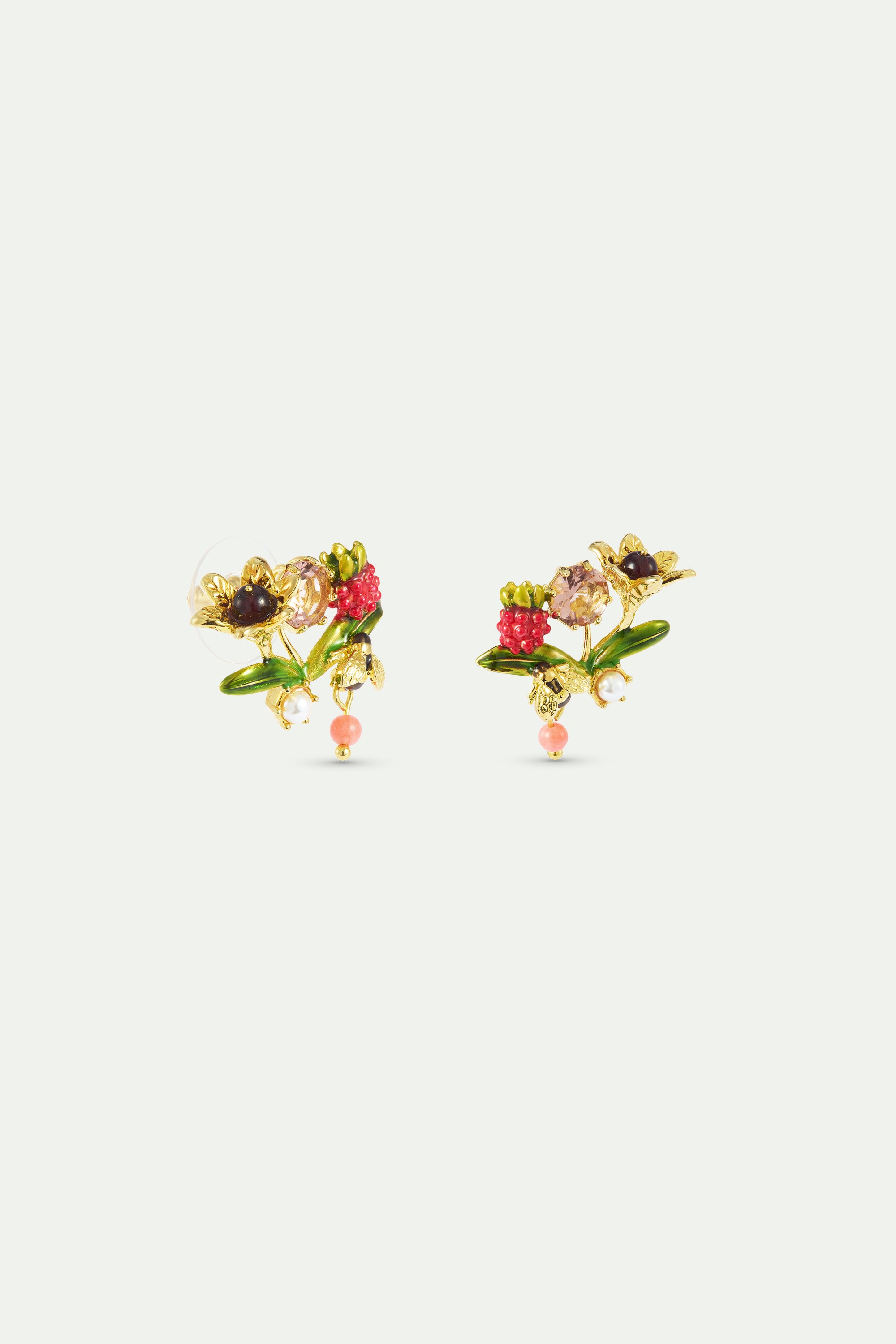 Round pink stone post earrings, with gold bee, raspberry and pearls