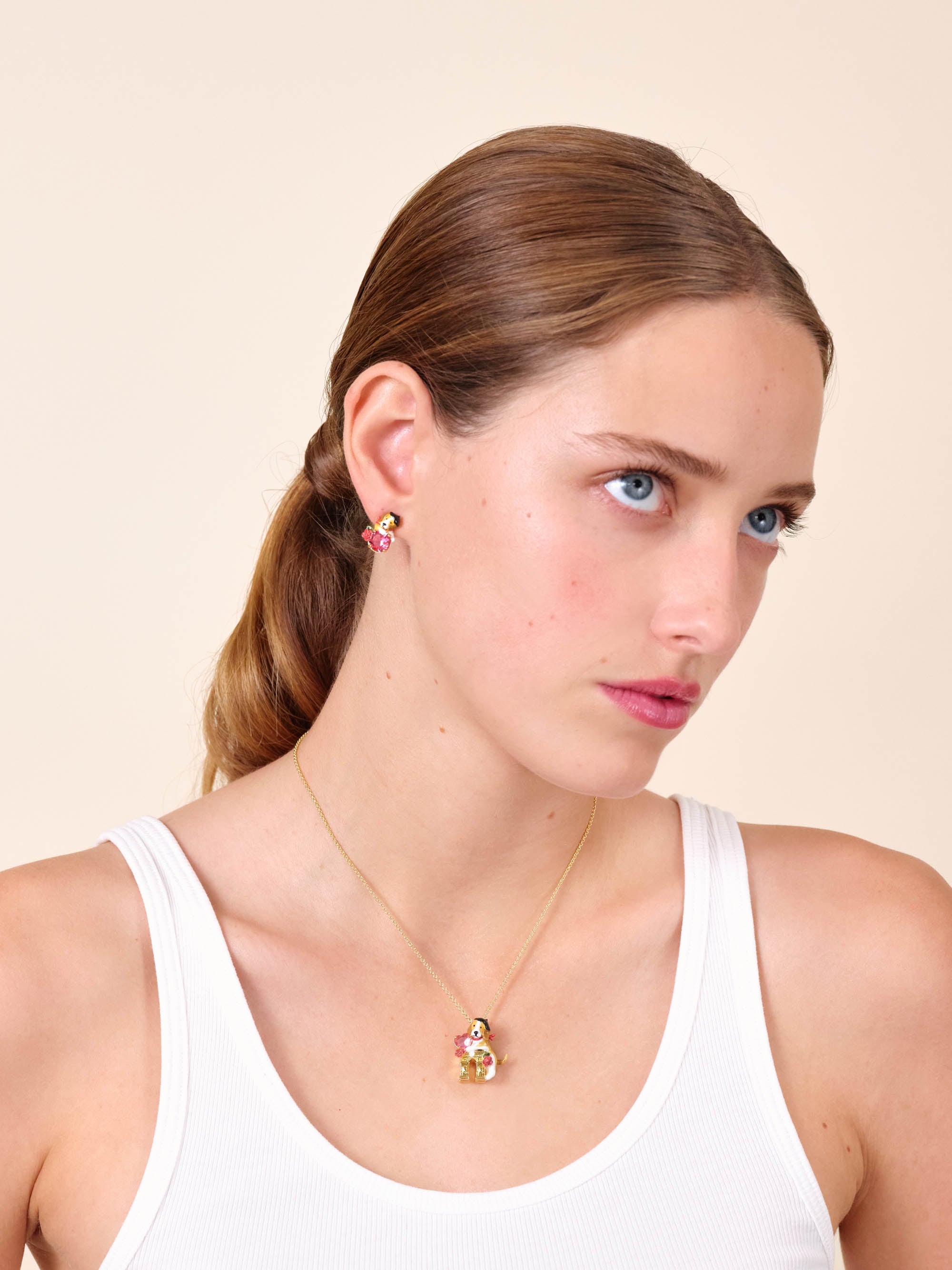 Beagle and pink cut glass stone post earrings