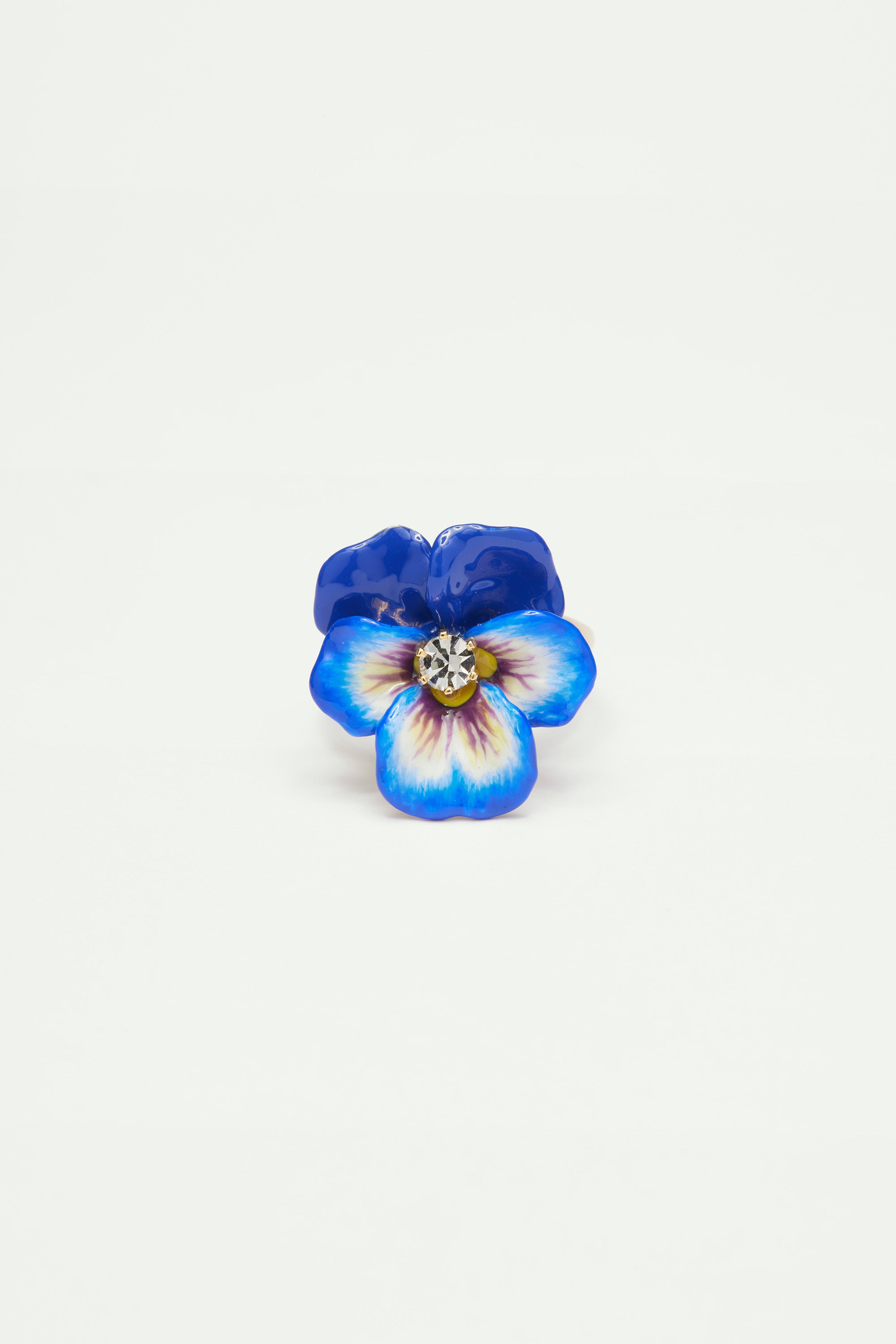 Blue pansy and faceted crystal cocktail ring