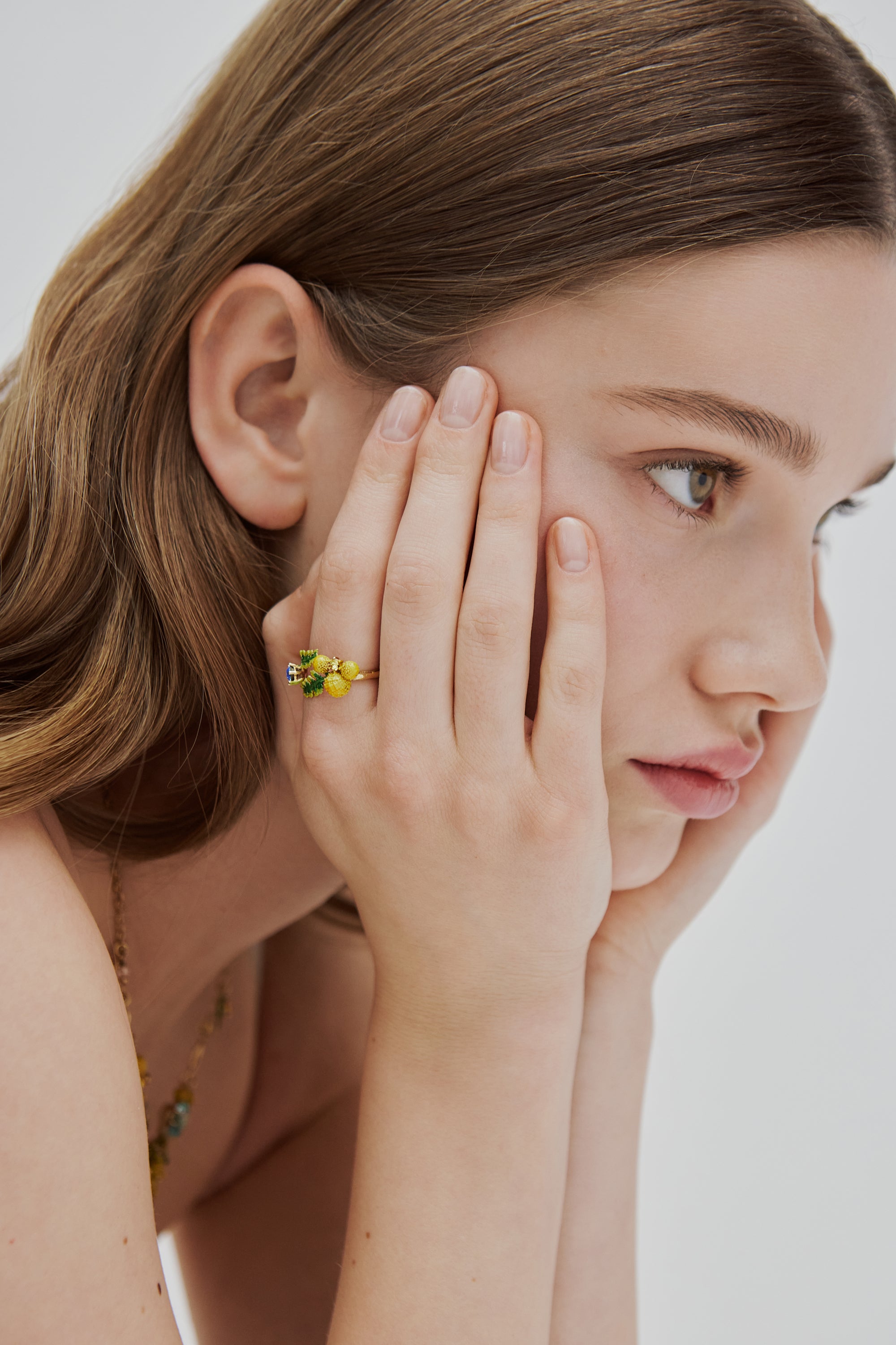 Ferns and mimosa flower adjustable ring