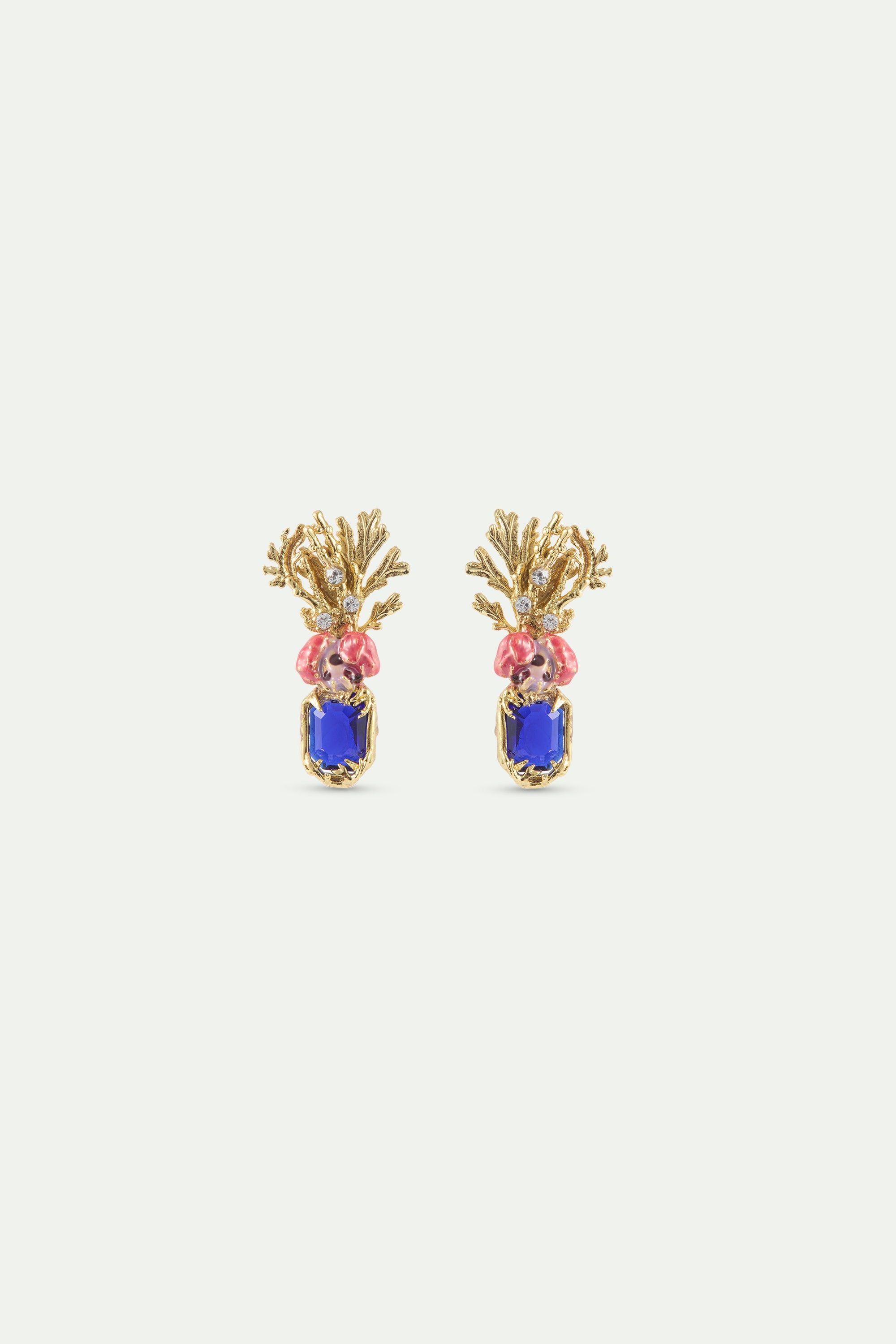Coral earrings with blue faceted stone, pink flower and golden coral