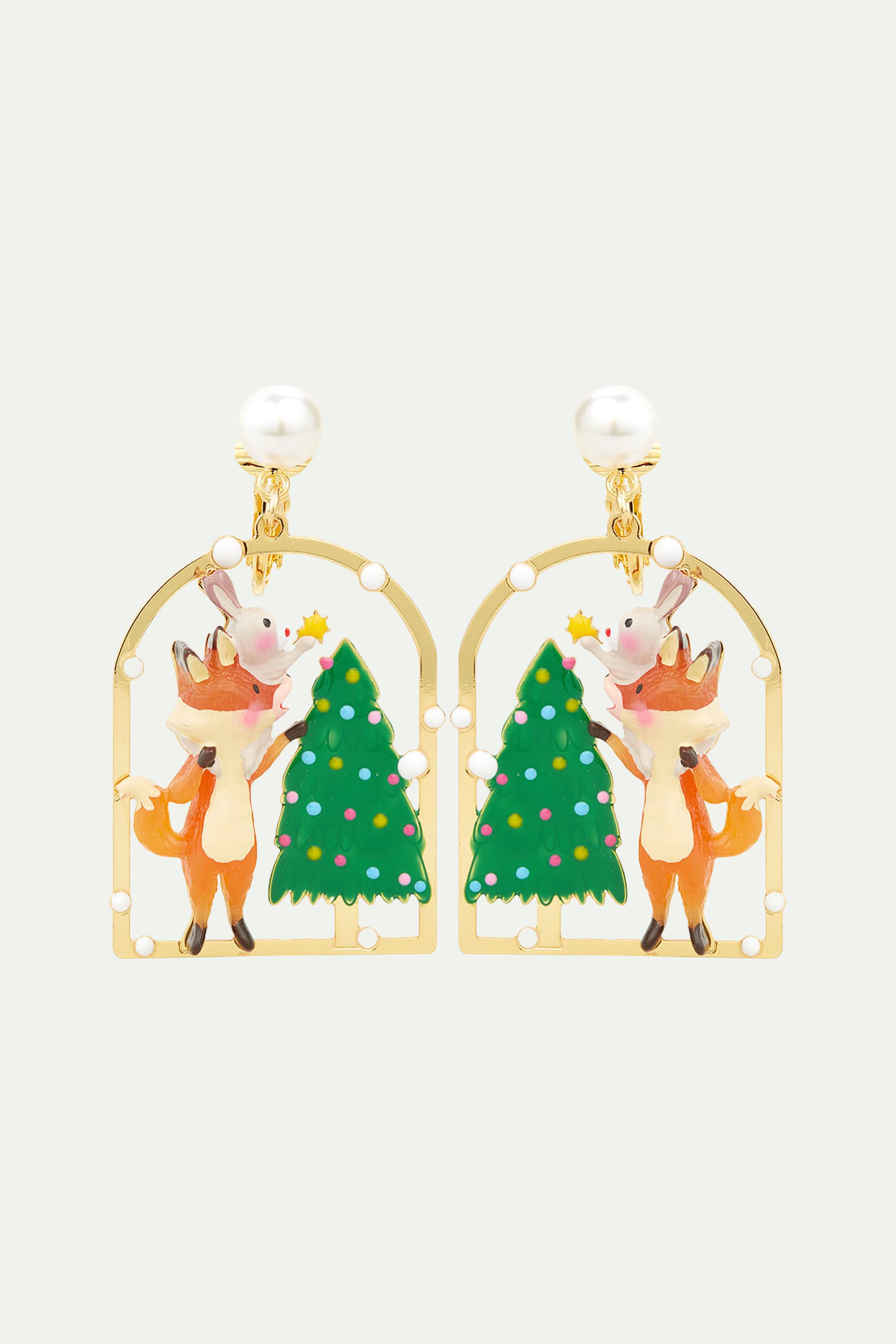 Christmas tree, rabbit and fox clip-on earrings