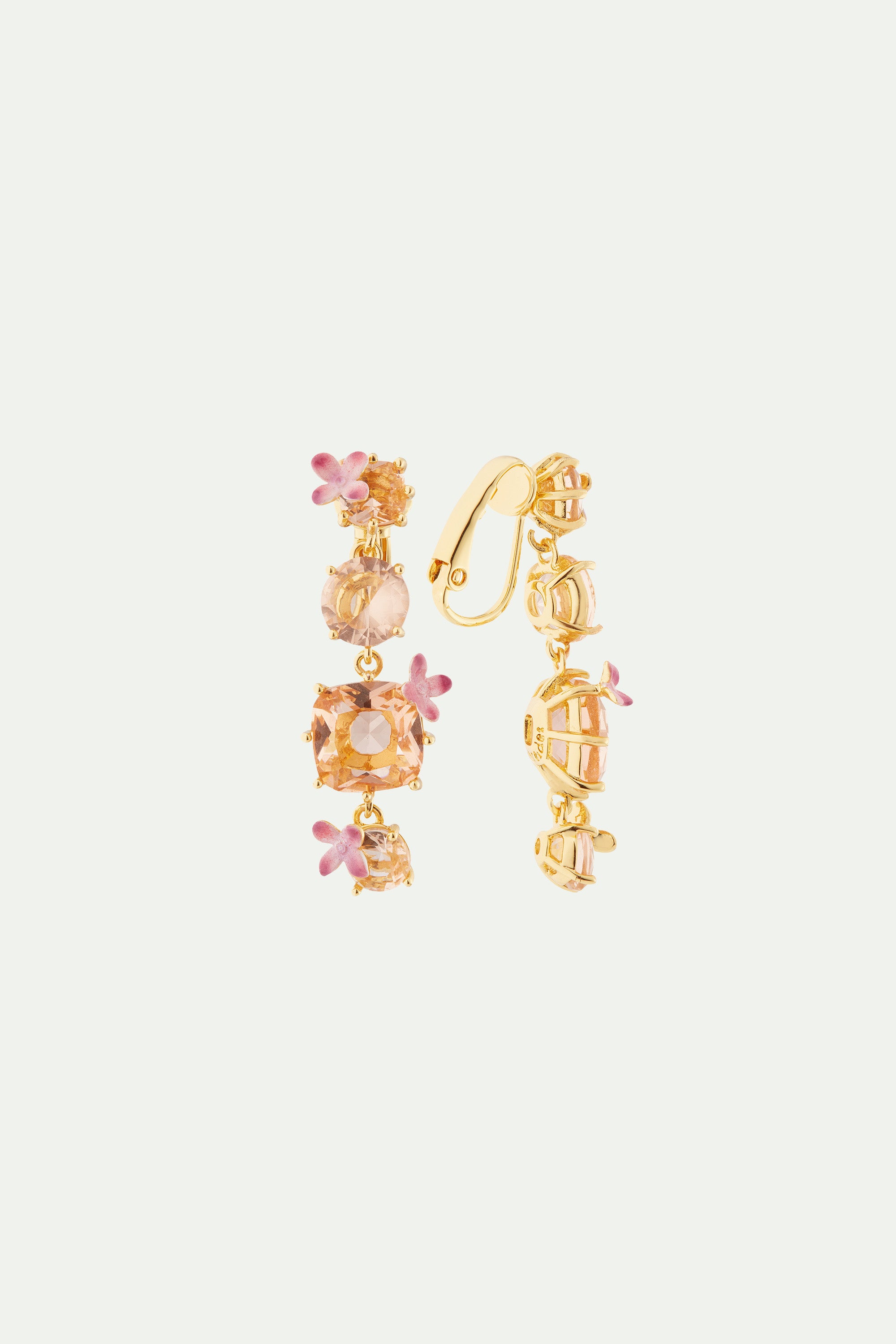 Apricot pink diamantine 4 stone and flower dangling earrings