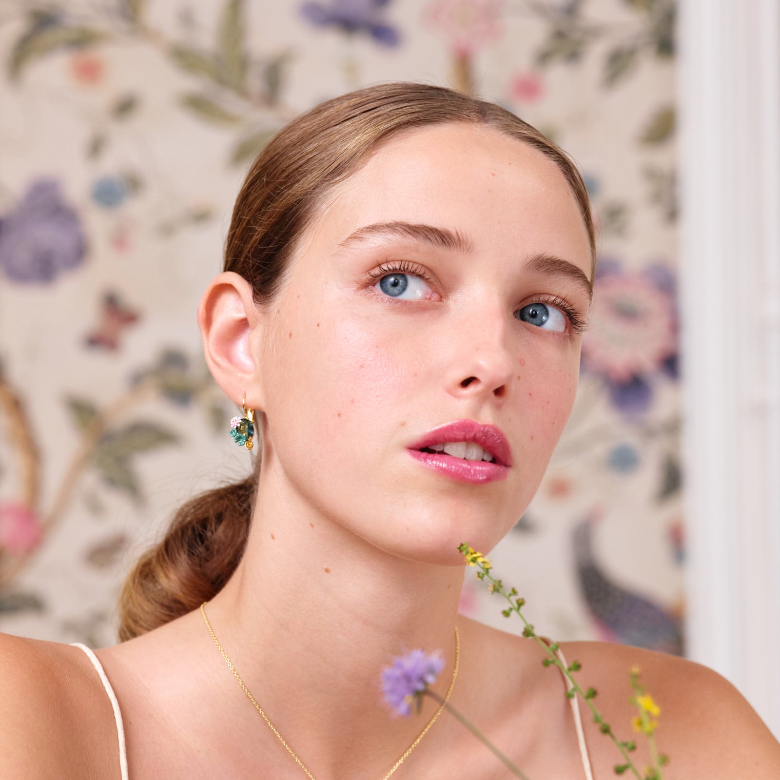 Lotus flower and blue stone sleeper earrings