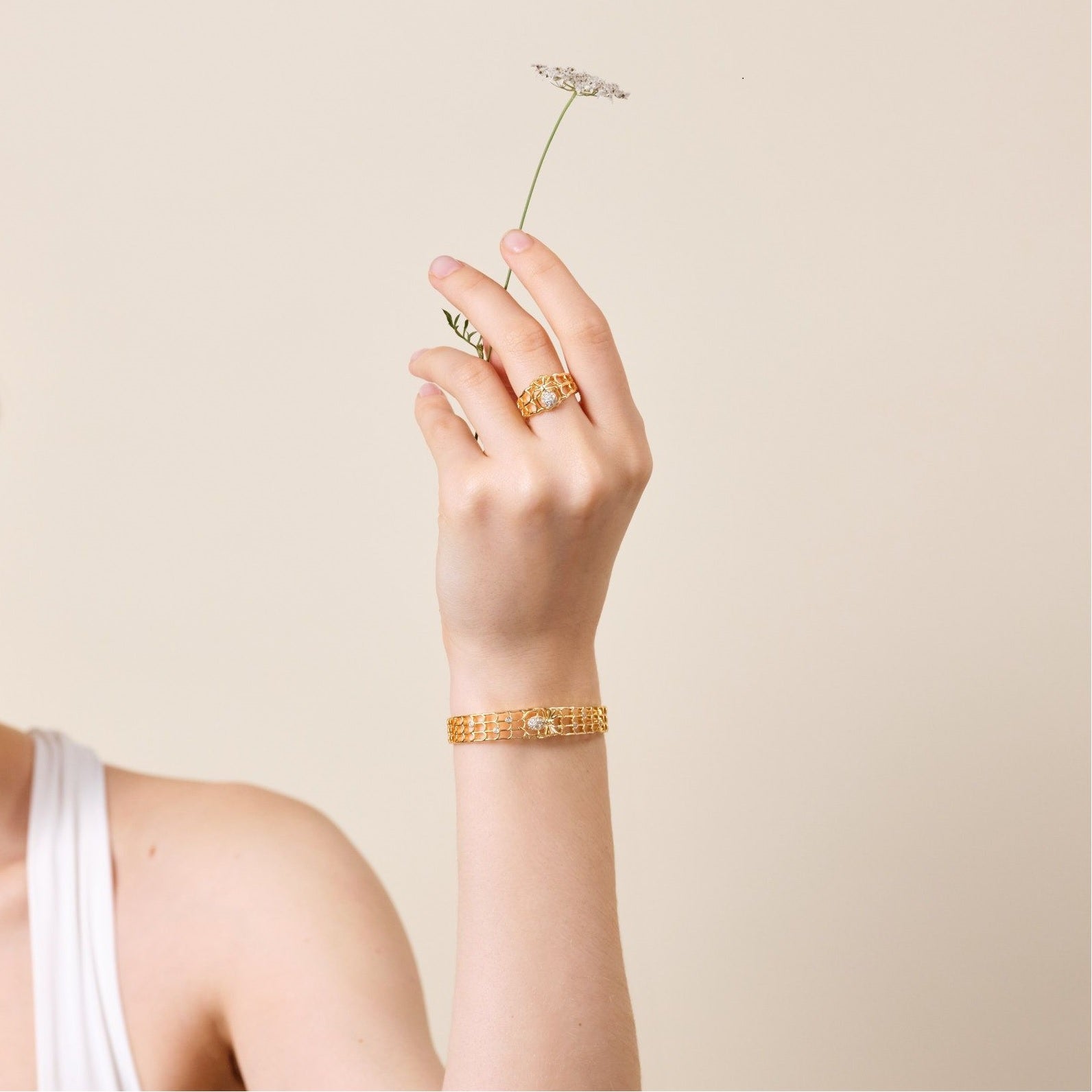 Openwork enamel spider and crystal ring