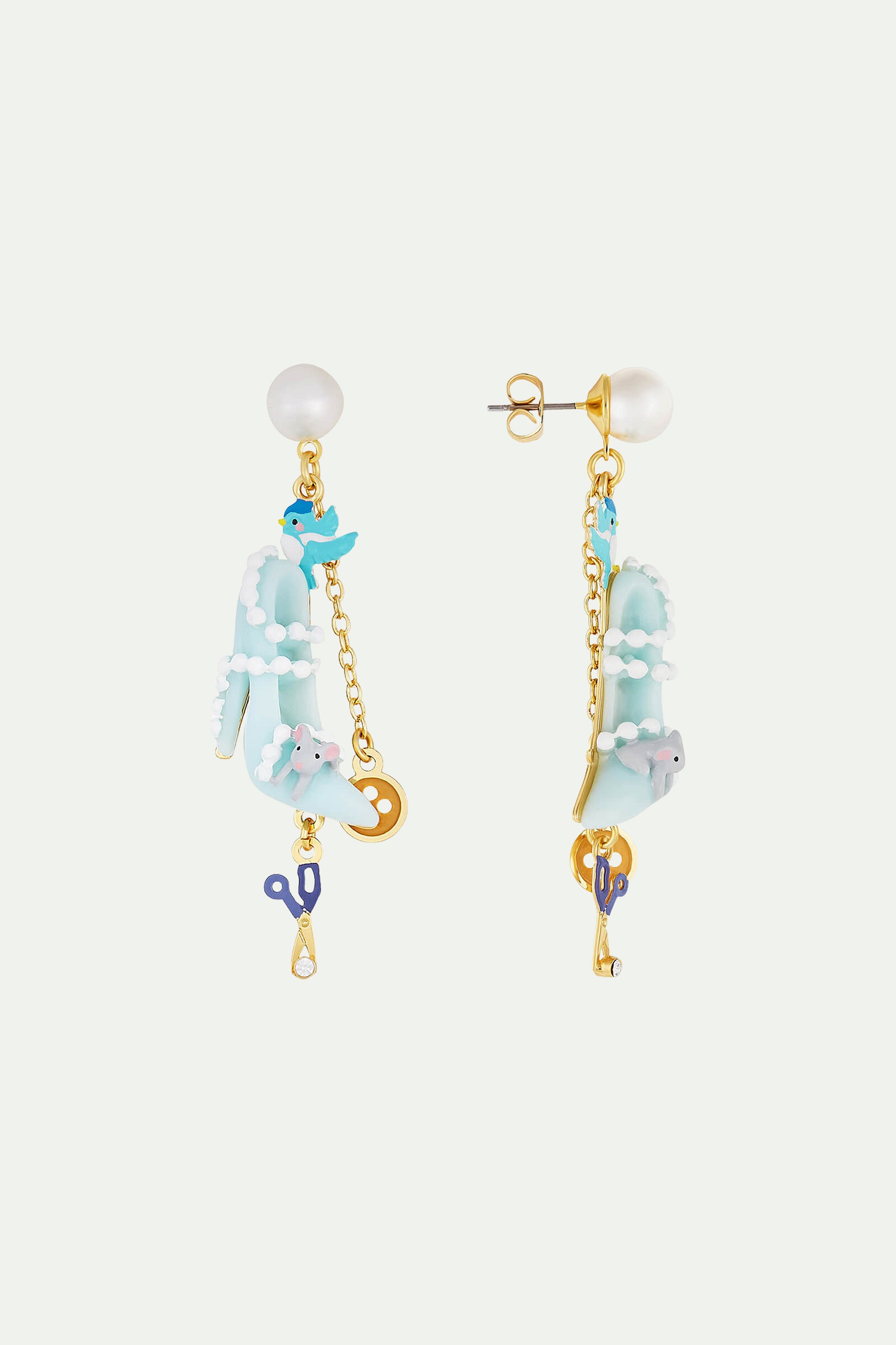 Pearl, Slipper, Bird, Button, Scissors and Mouse clip-on earrings