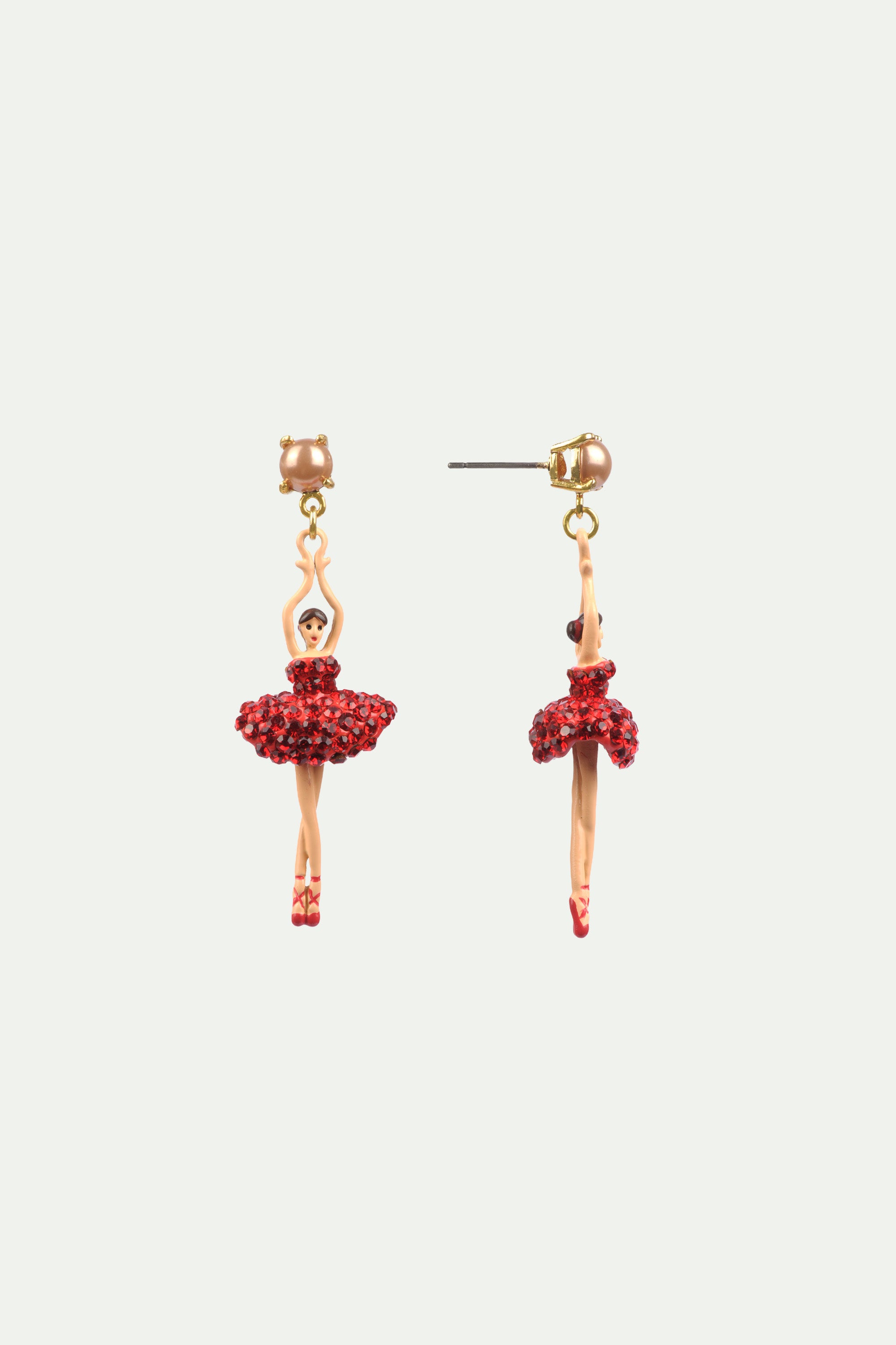 Clip on earrings toe-dancing ballerina with tutu paved with red rhinestones