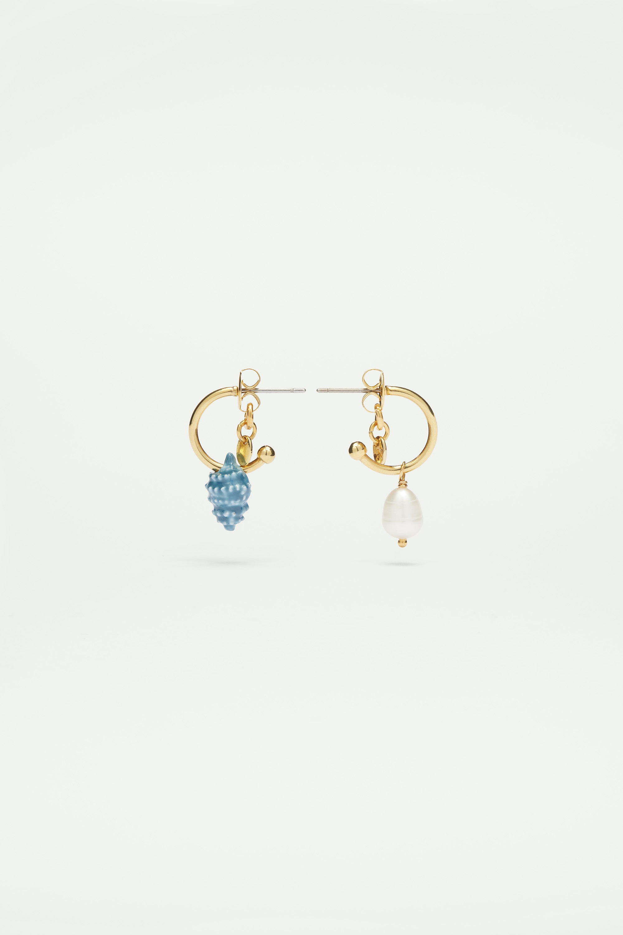 Asymmetrical seashell and mother of pearl bead post earrings