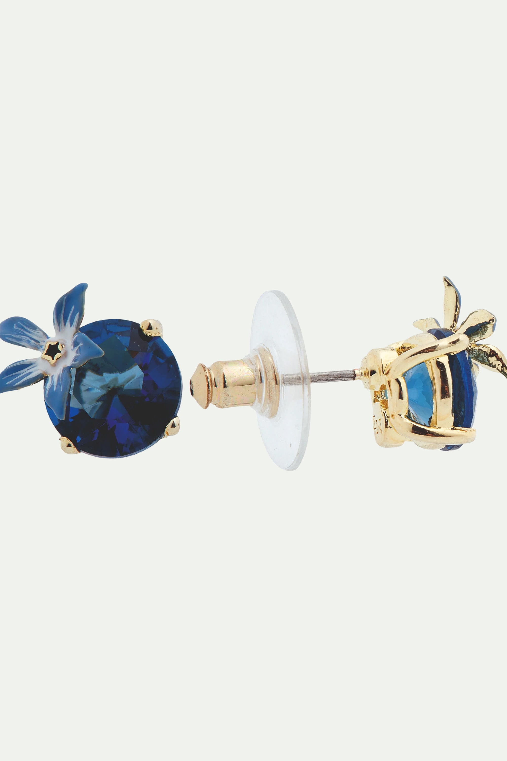 Blue flower and round stone post earrings