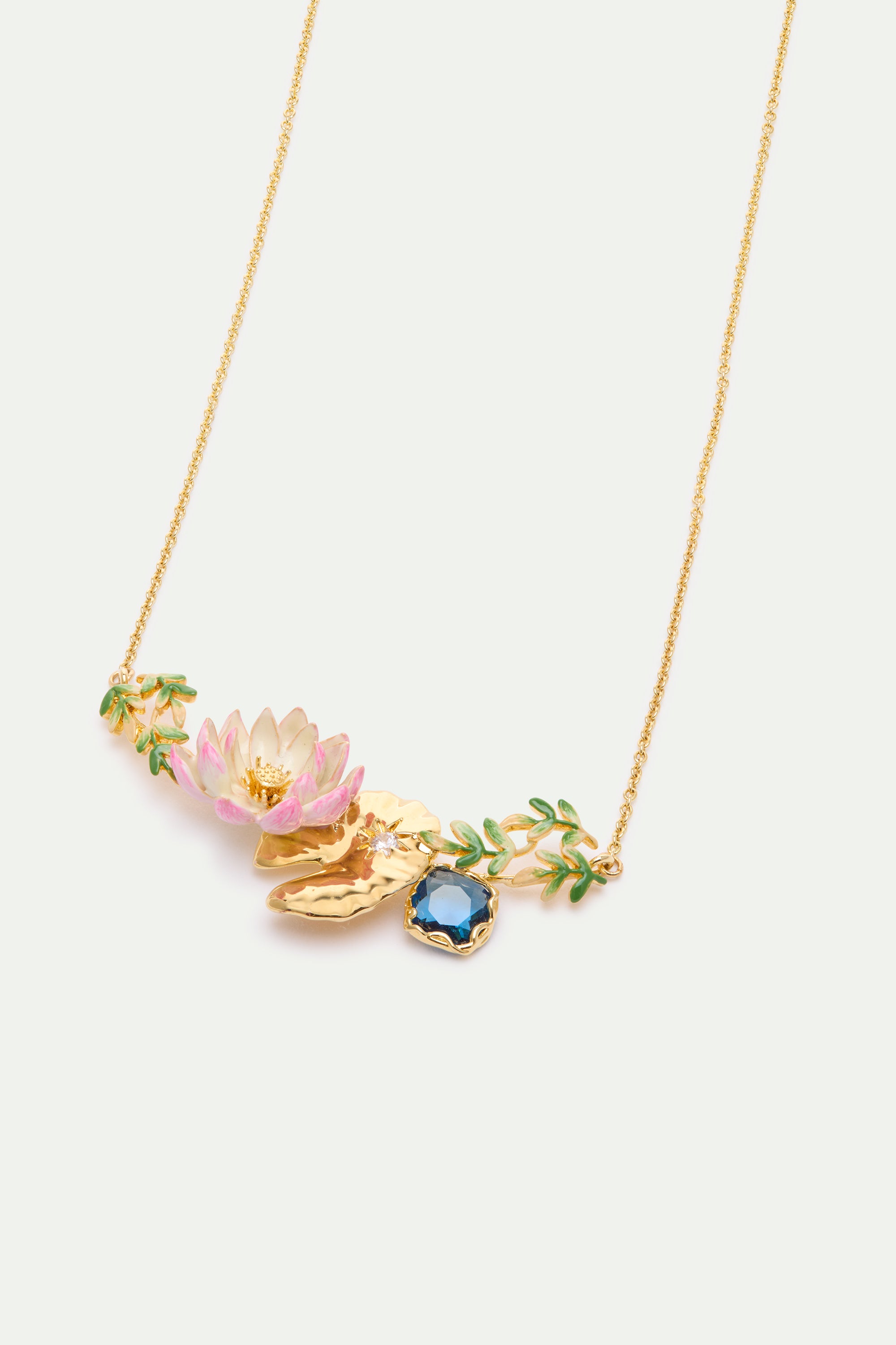 Pink water lily, golden lotus, and blue round stone statement necklace