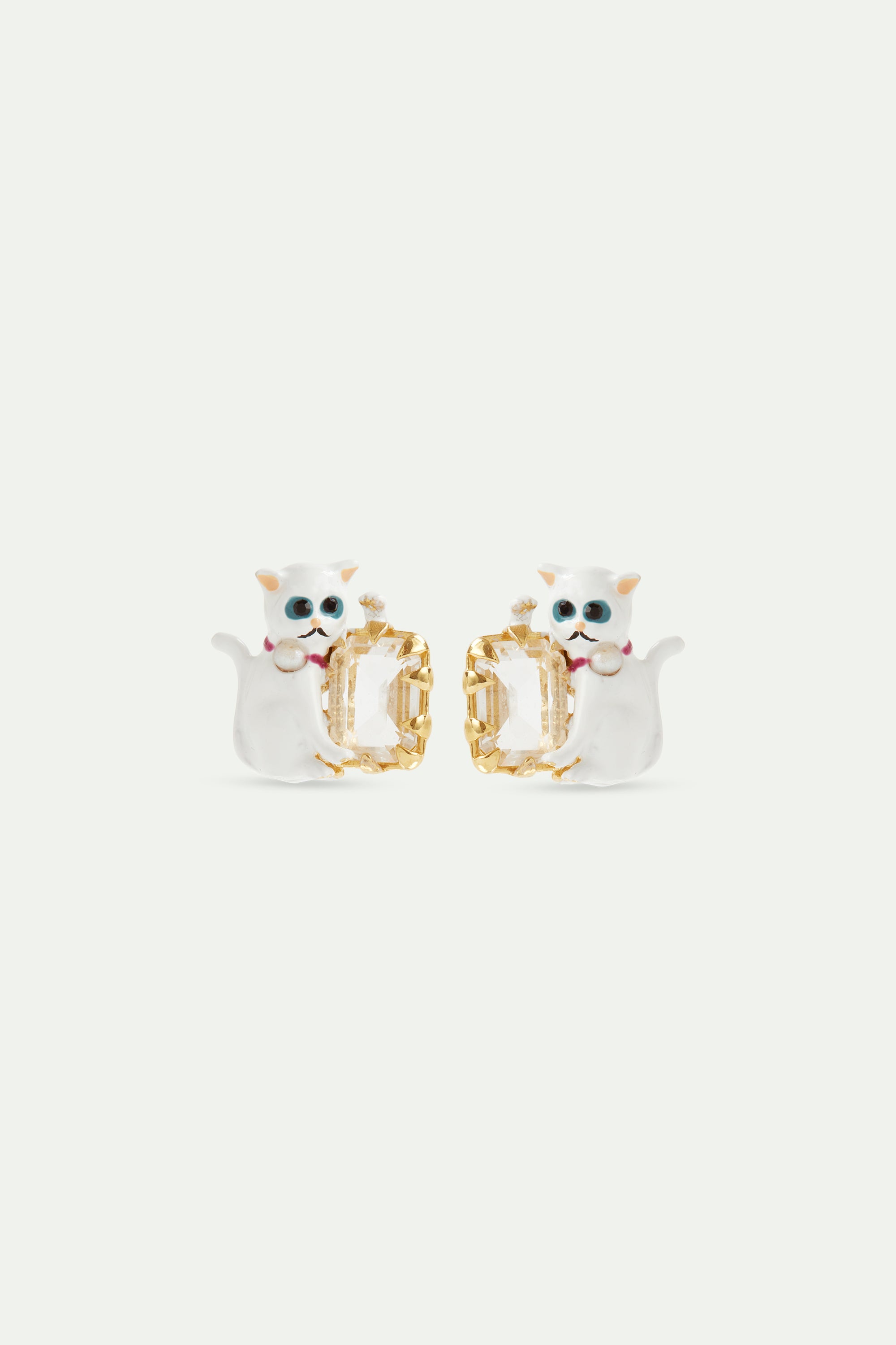 White cat and faceted white stone earrings