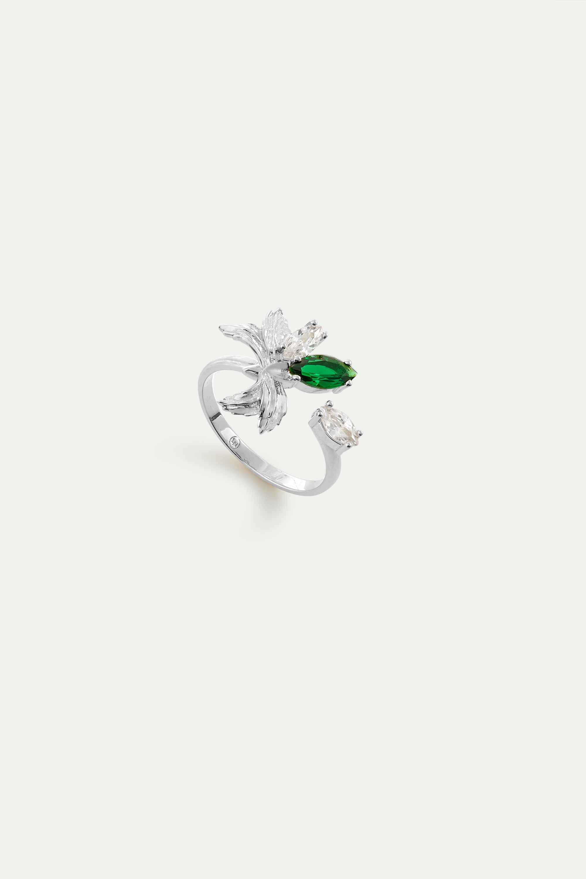 Silver adjustable ring with orchid, green and white stones