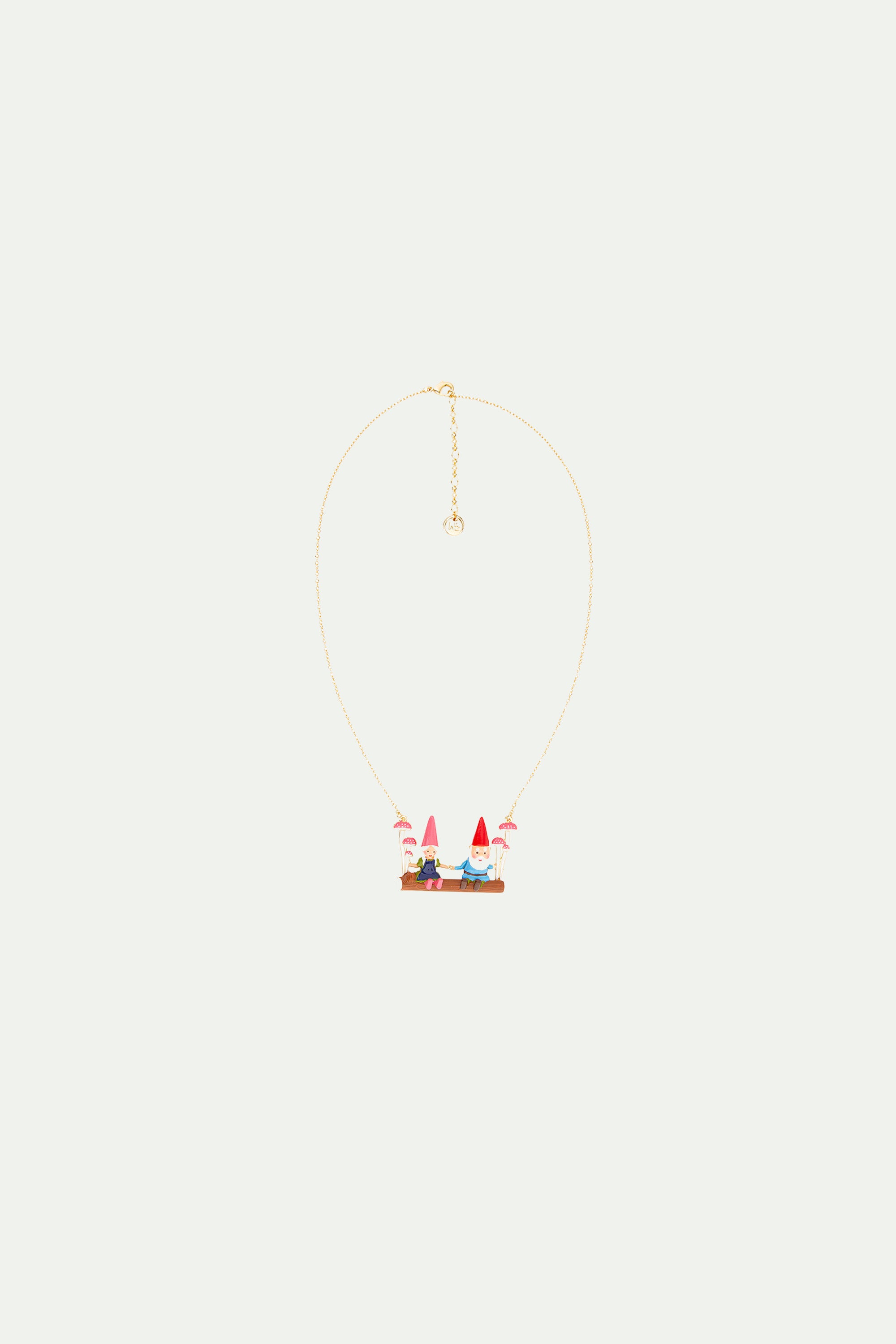 Garden gnomes on a swing statement necklace