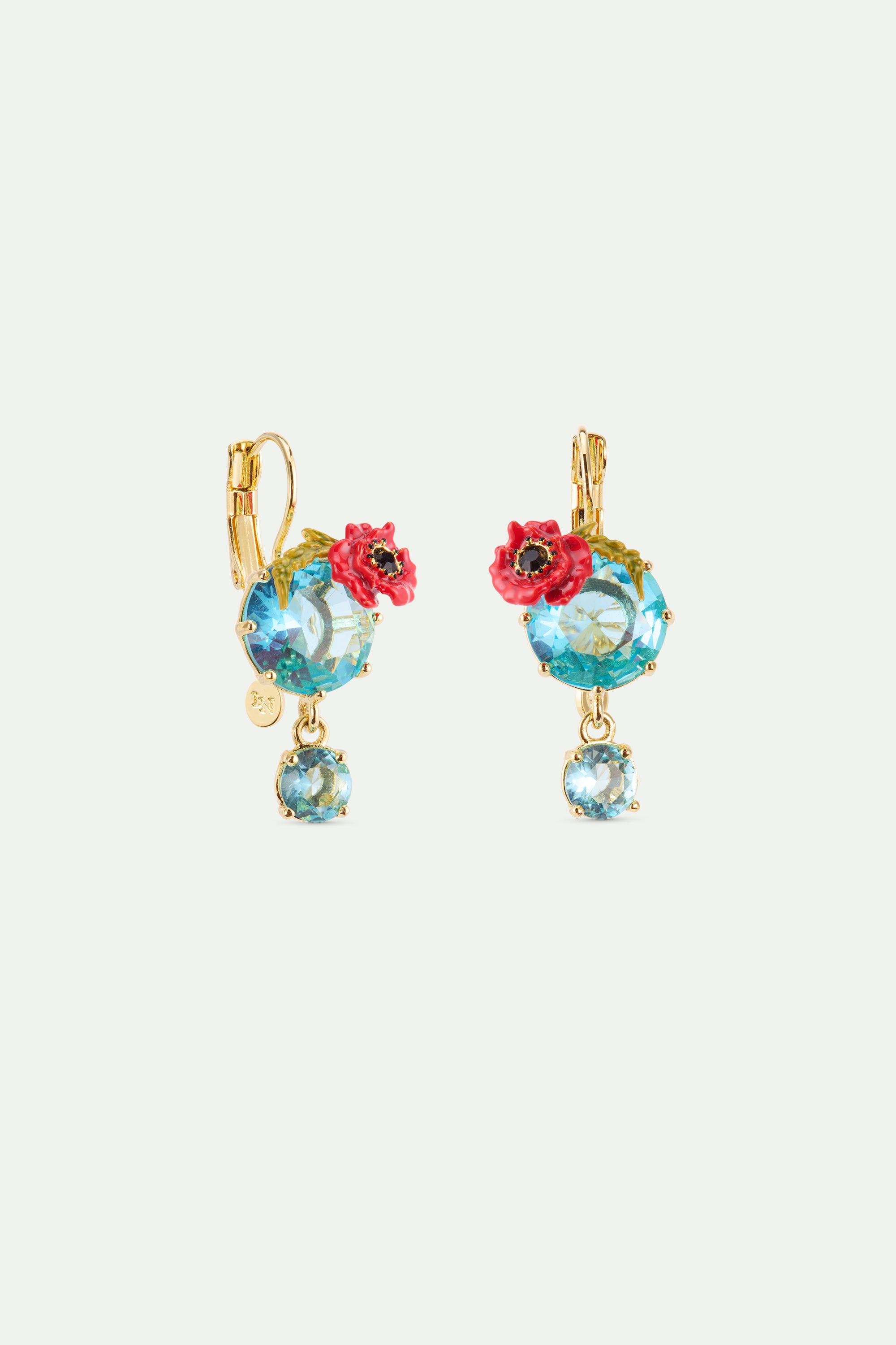Clip-on earrings with round blue stones and poppies