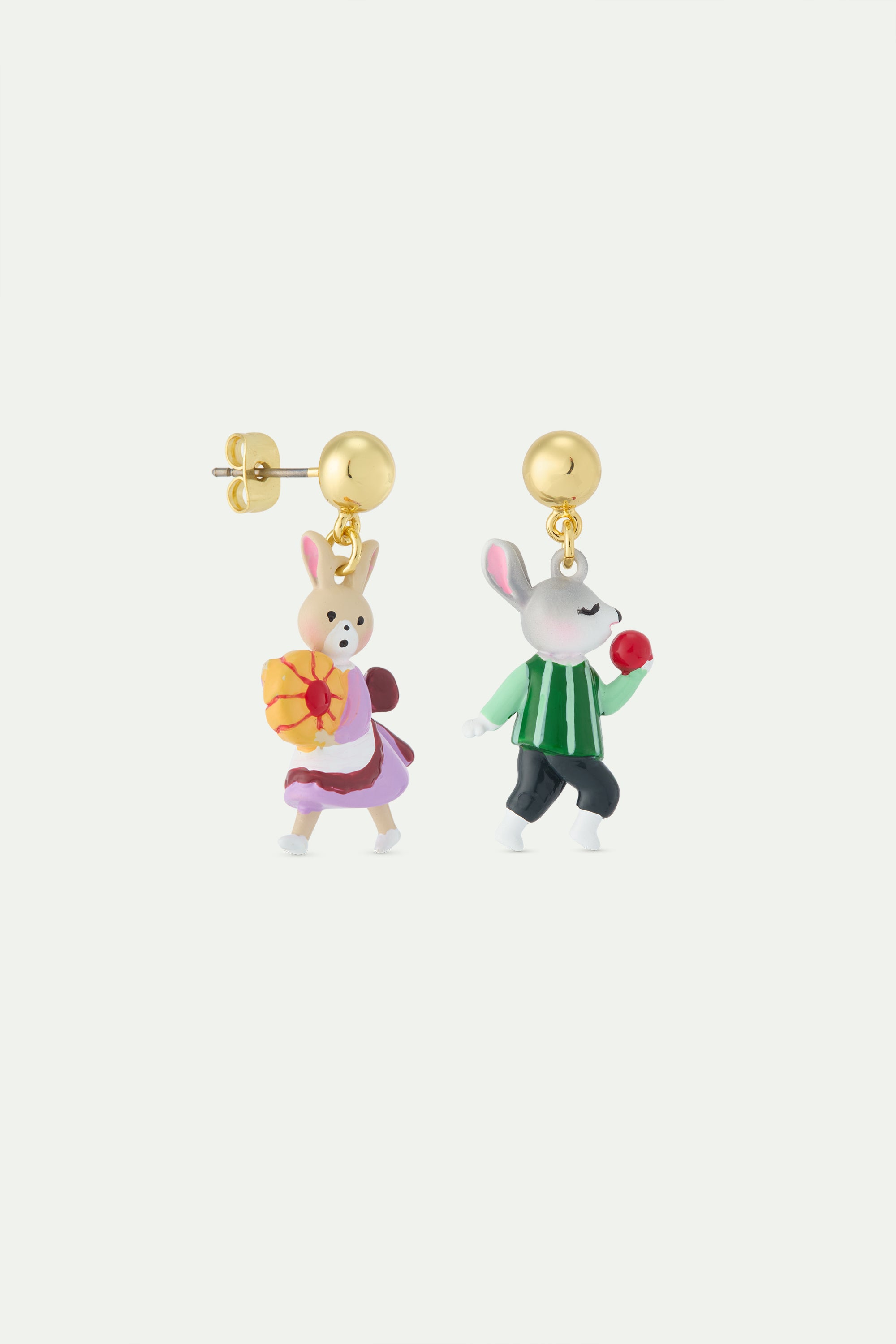 Asymmetrical dangle earrings with rabbit Hansel and Gretel.