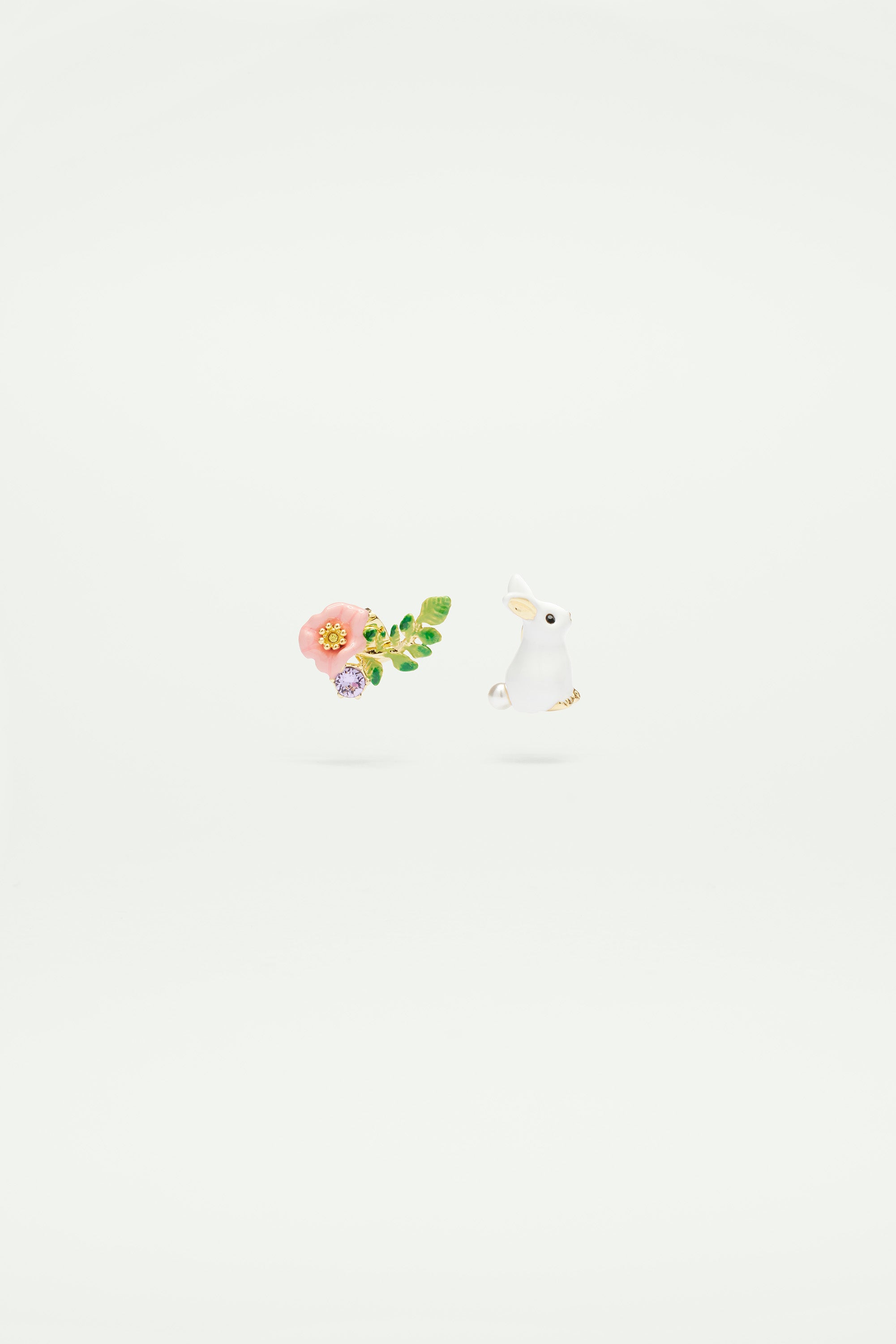 Rabbit and Pink flower Asymmetrical Clip on Earrings