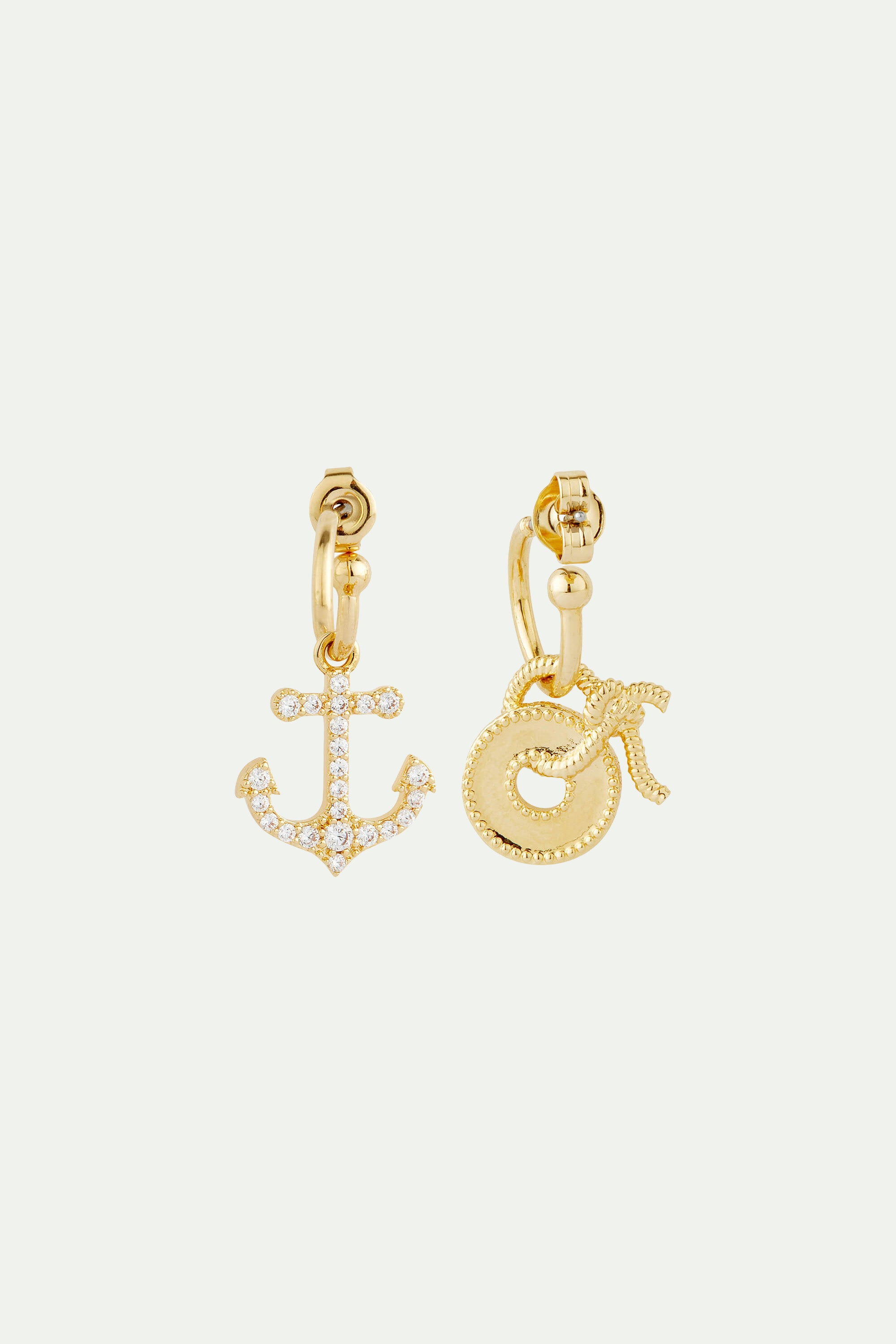 Anchor and engraved coin asymmetrical post earrings