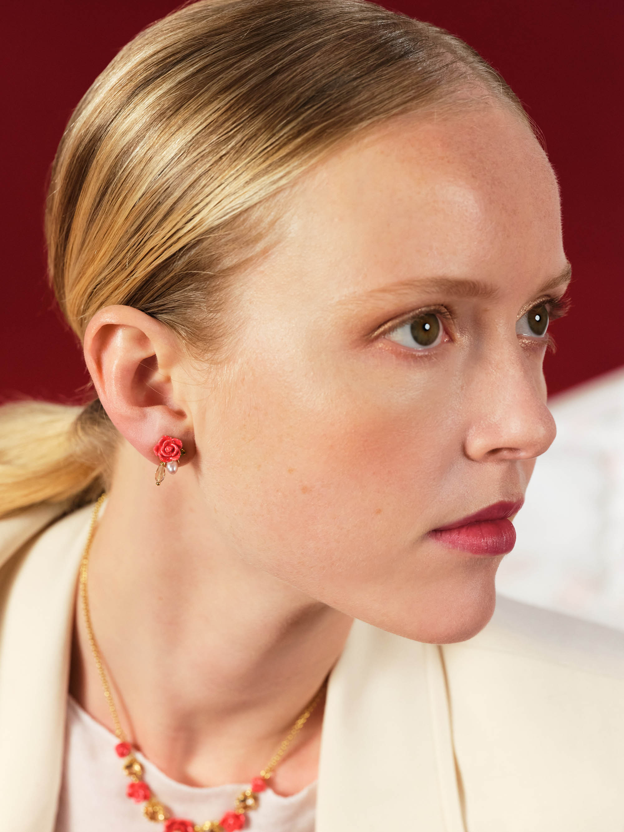 Rose, cultured pearl and glass drop sleeper earrings