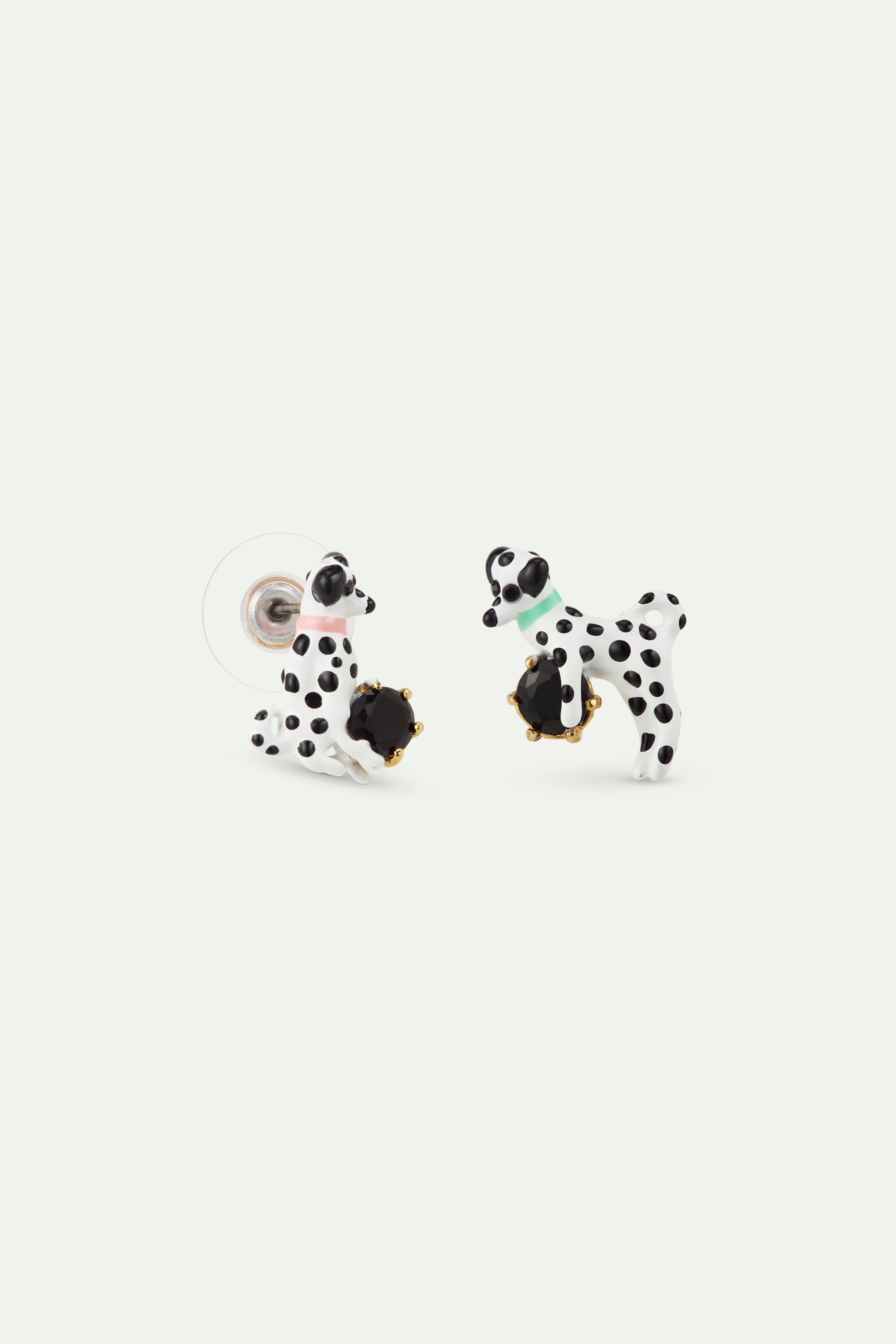 Asymmetrical post earrings with dalmatian and black round faceted stone