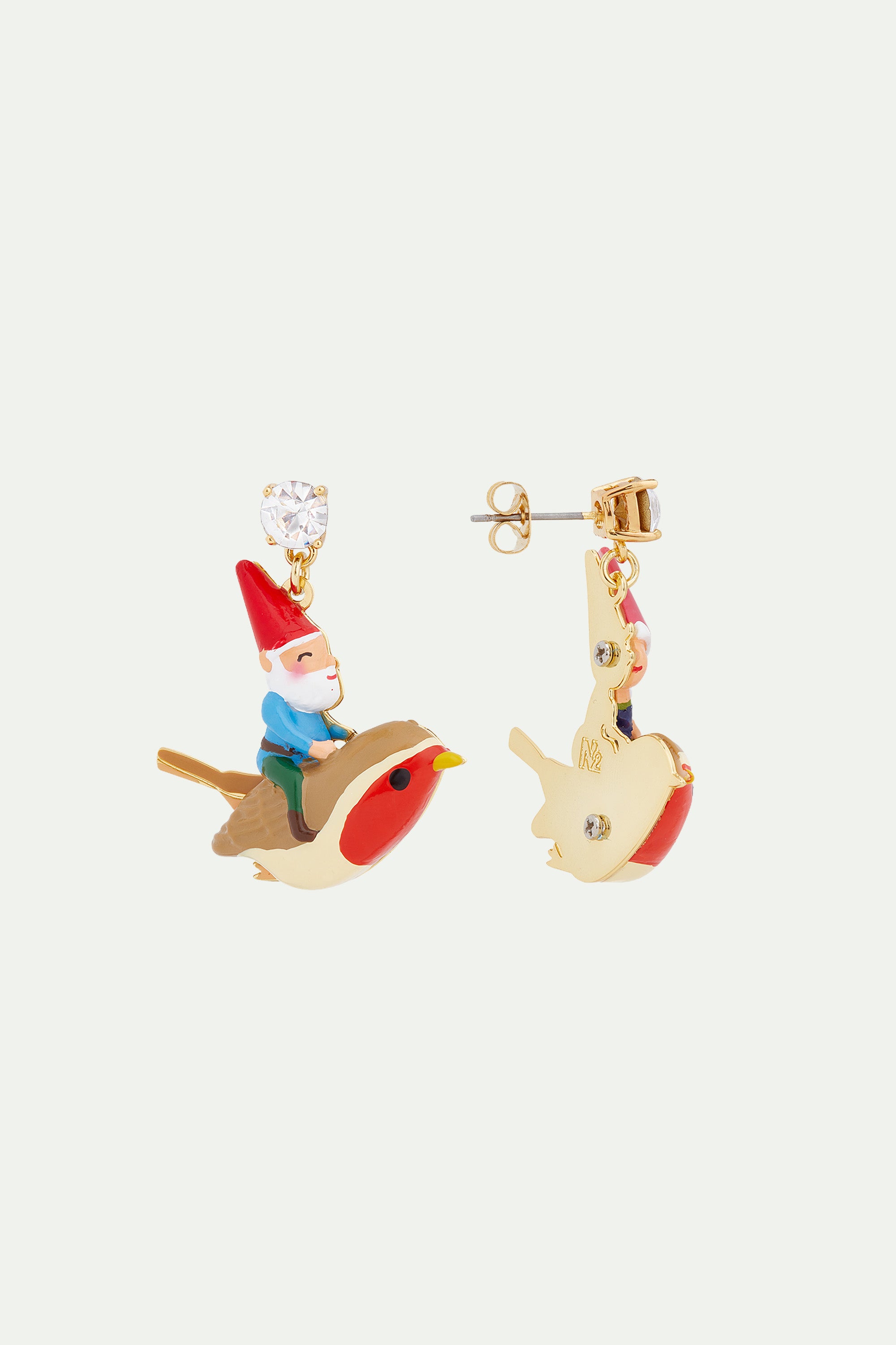 Garden gnome and bird asymmetrical clip-on earrings