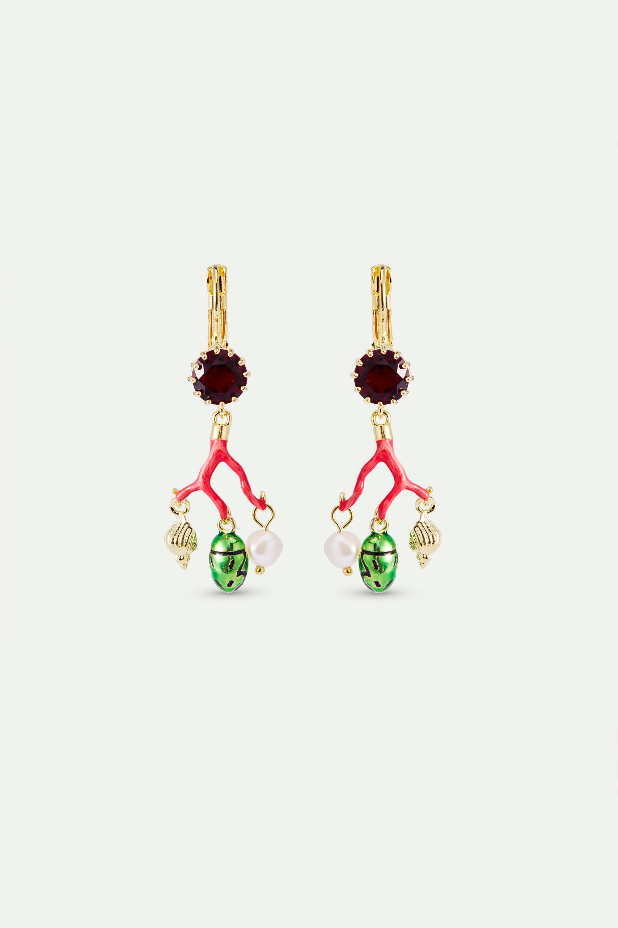 Coral sleeper earrings, red faceted glass, cultured pearl, golden beetle and seashell