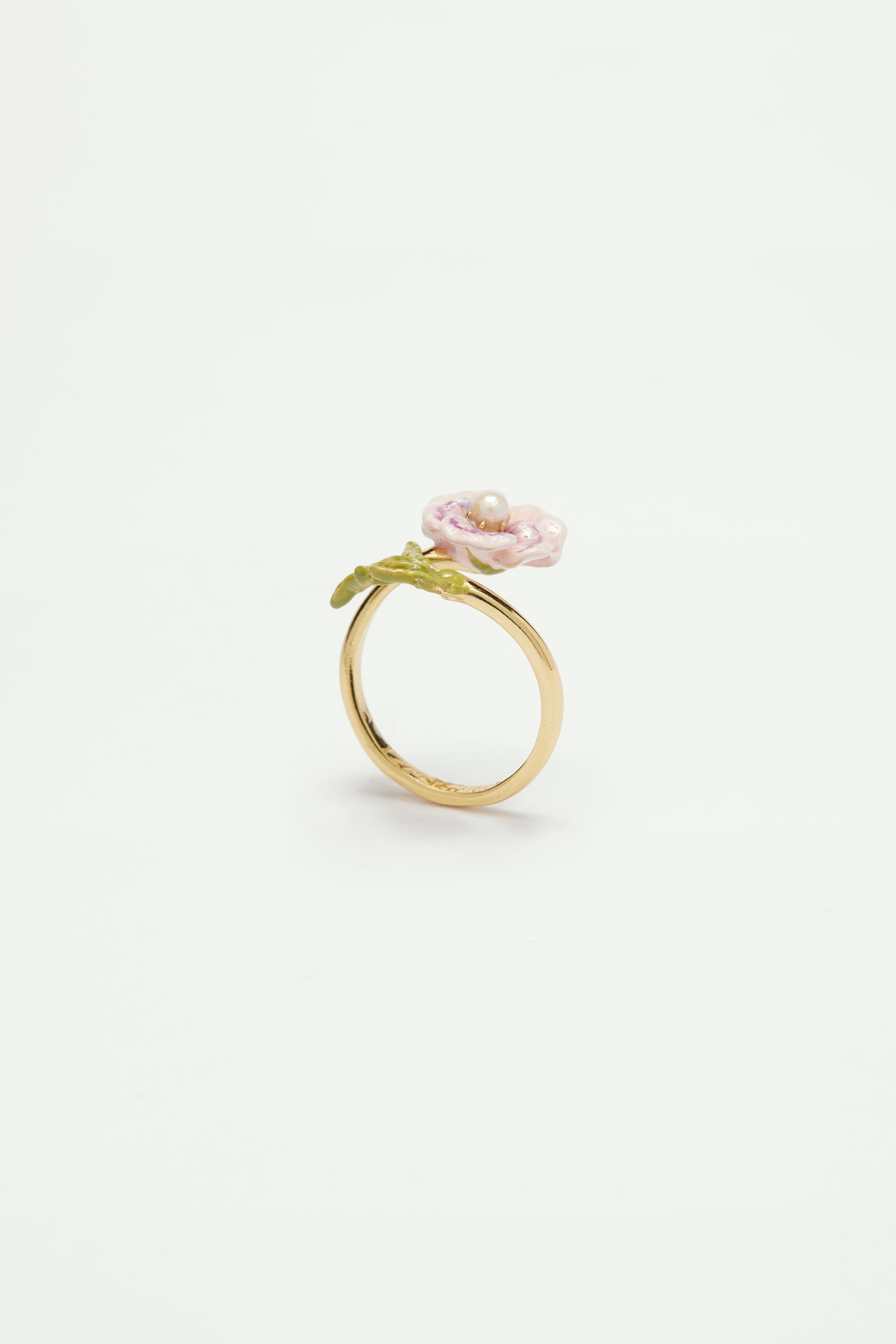 Pink pansy and freshwater pearl adjustable ring