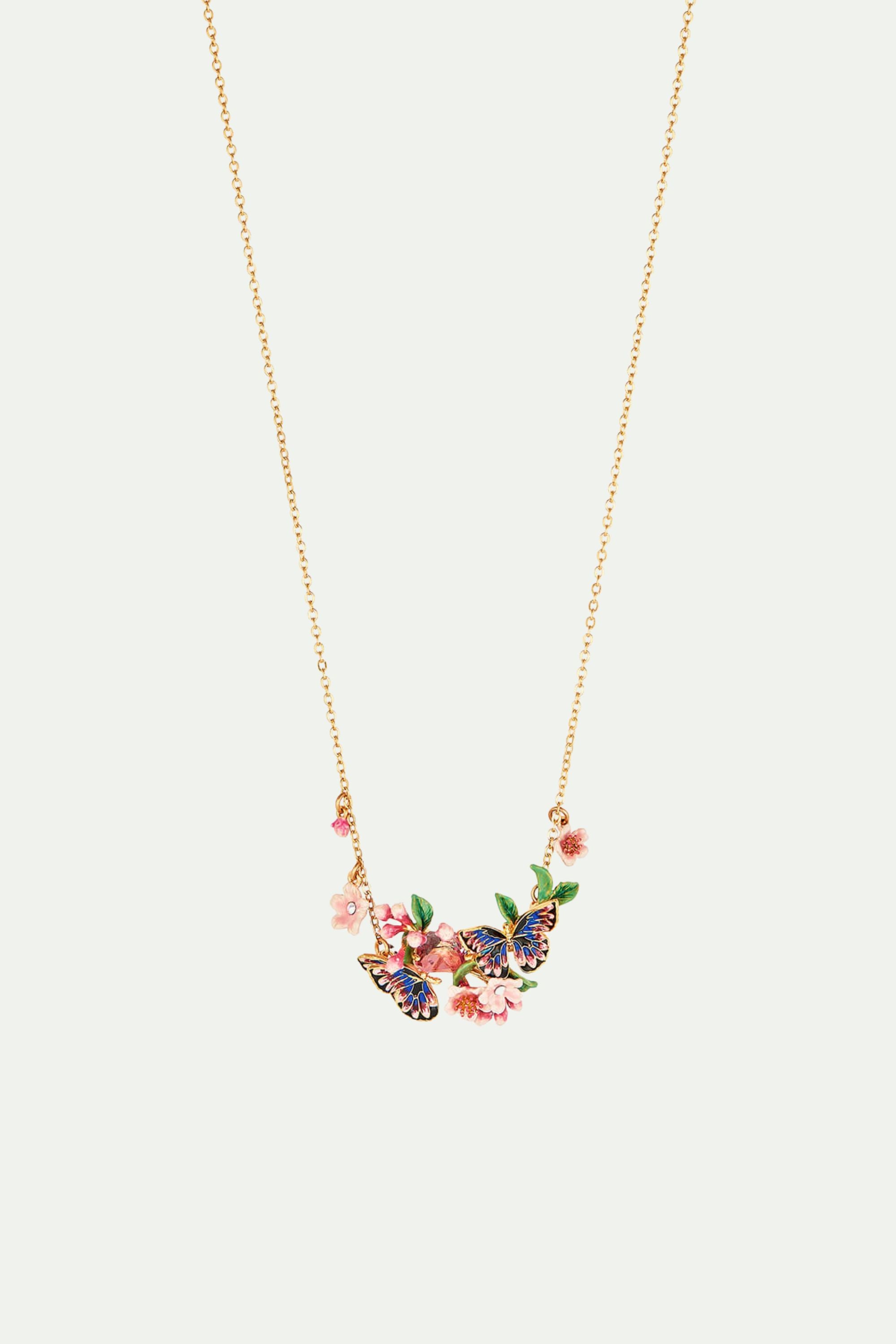 Japanese Emperor butterfly and cherry blossom double collar necklace