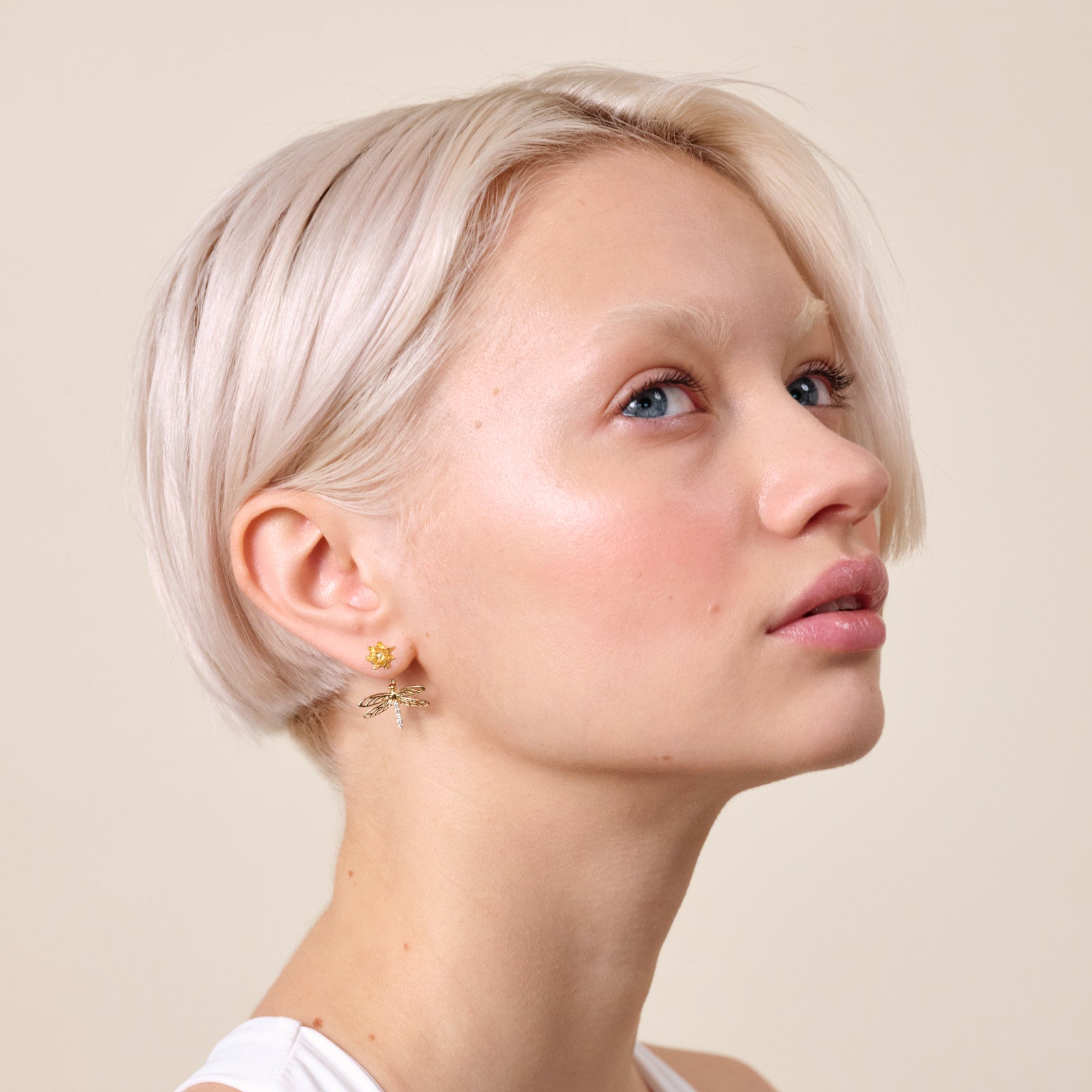 Dragonfly, flower and crystal dangling post earrings