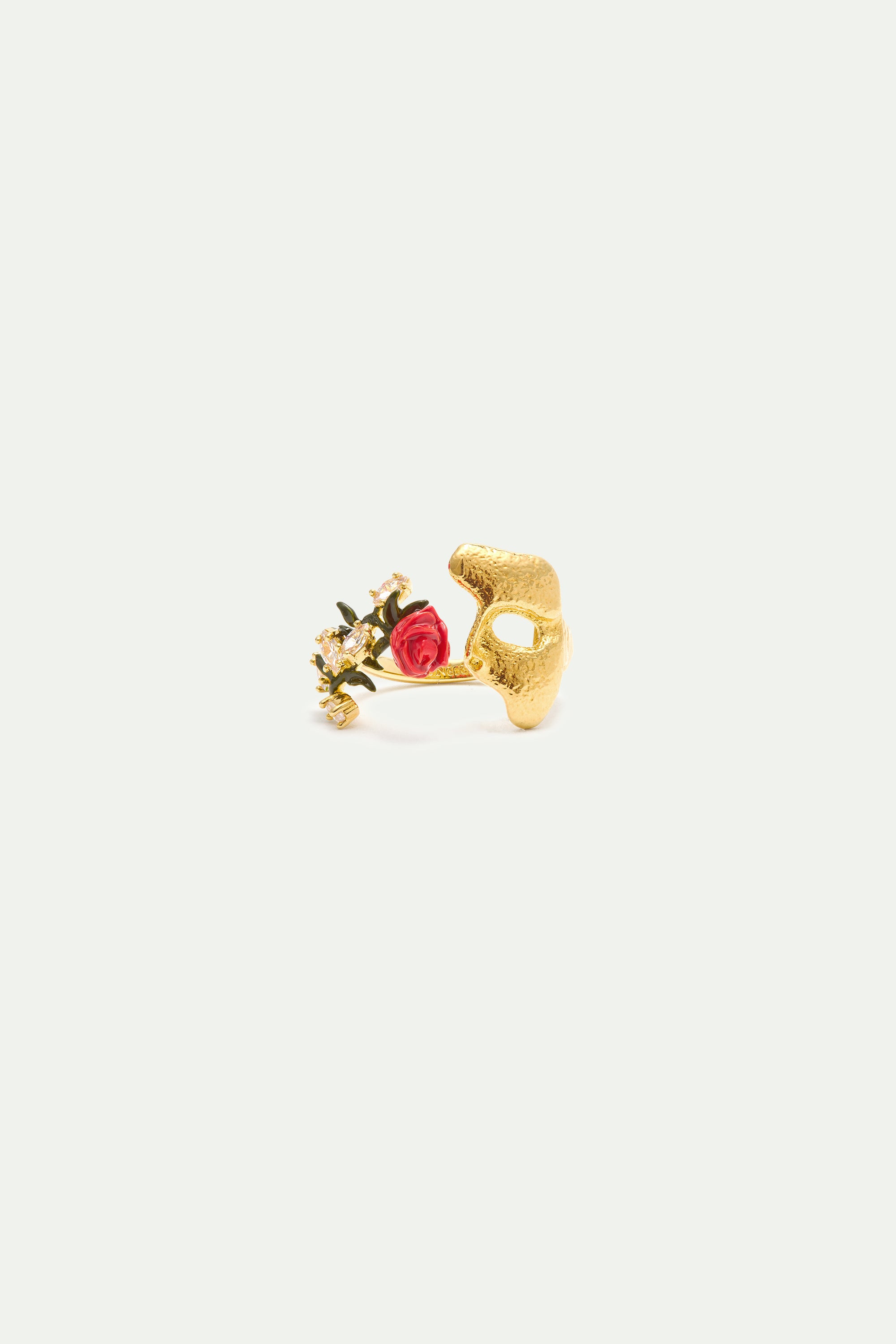 Gold mask, rose and crystal adjustable ring