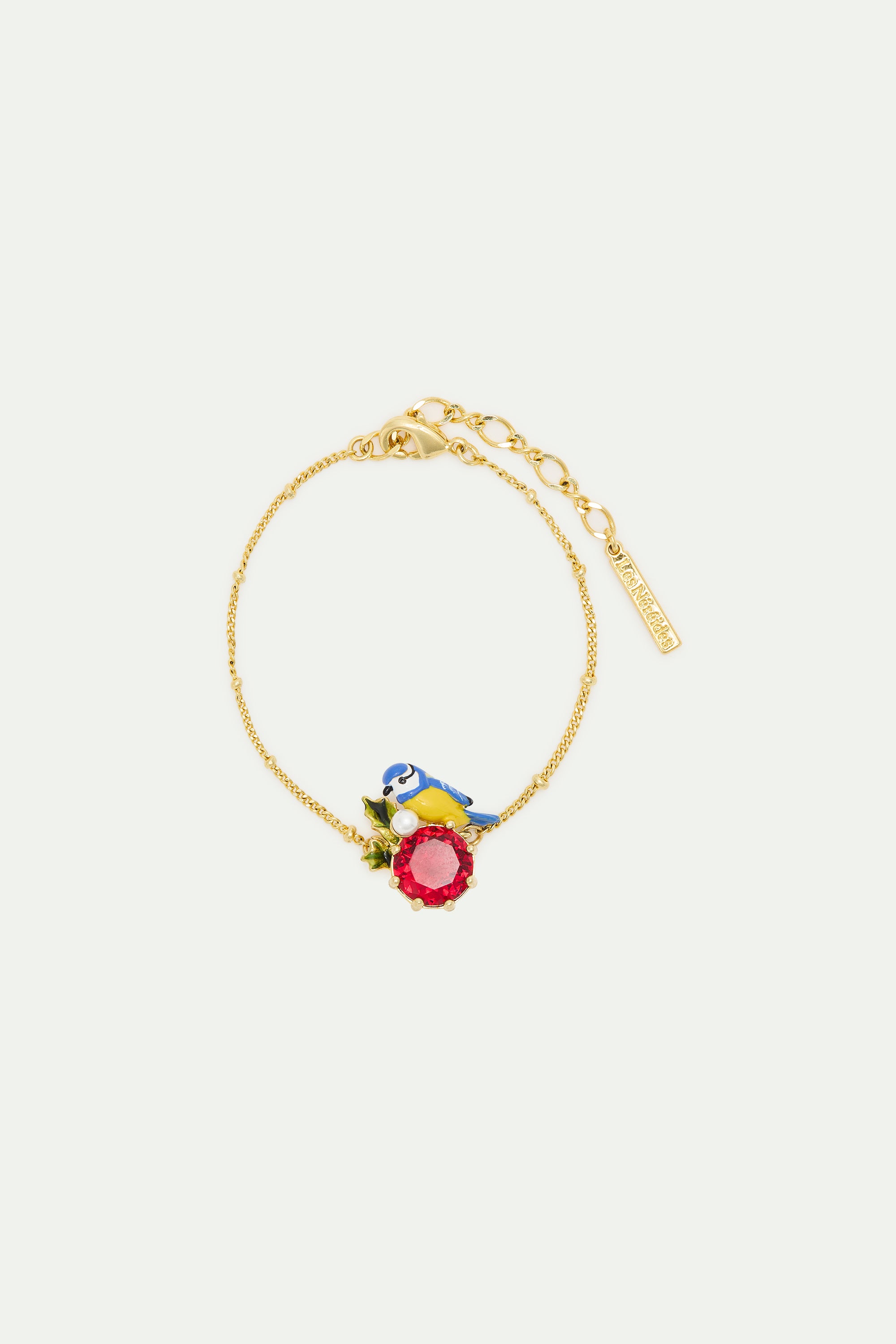 Blue tit and round red stone fine bracelet