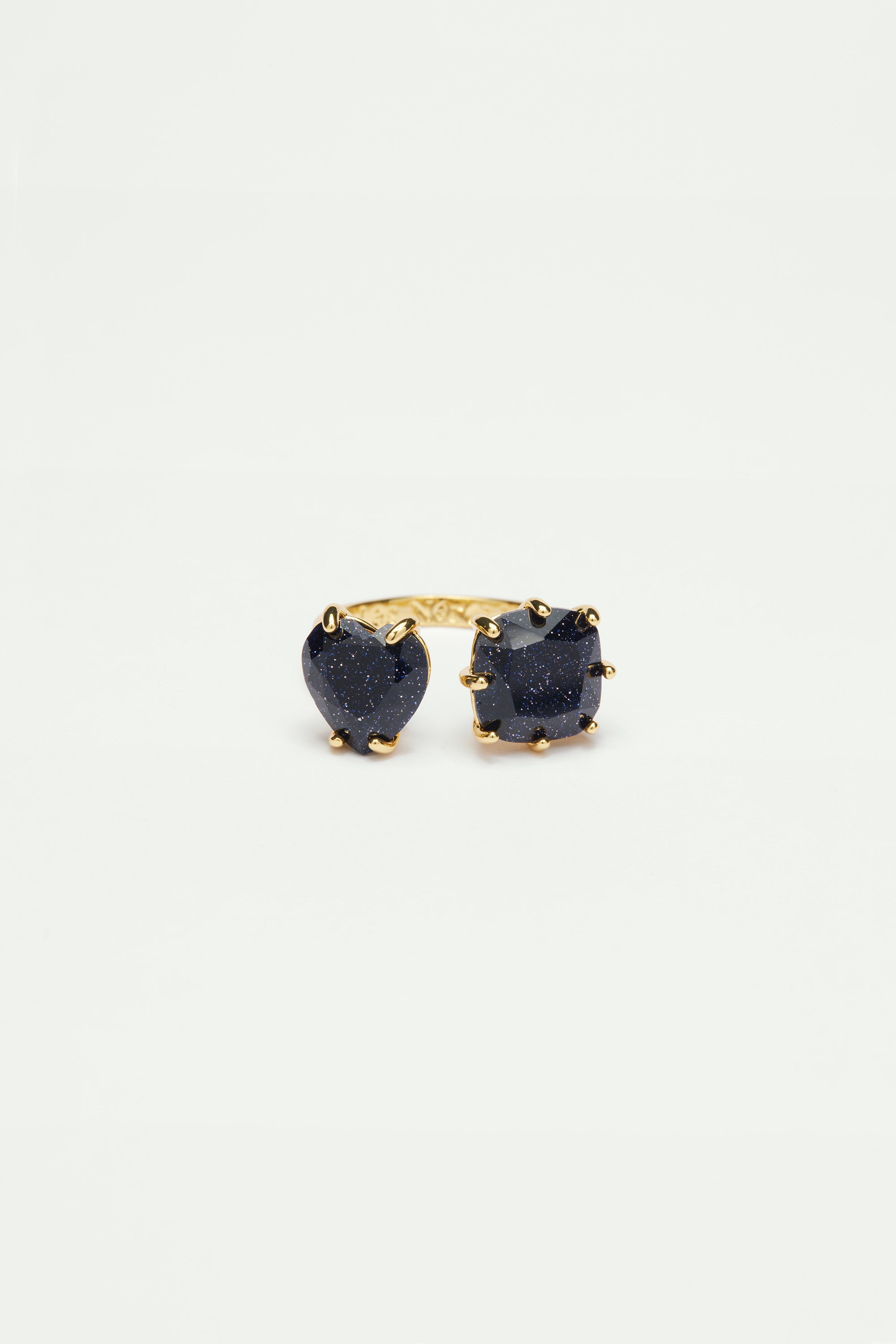 Deep Sparkling Blue Heart and Square Stones La Diamantine Adjustable You and I Ring