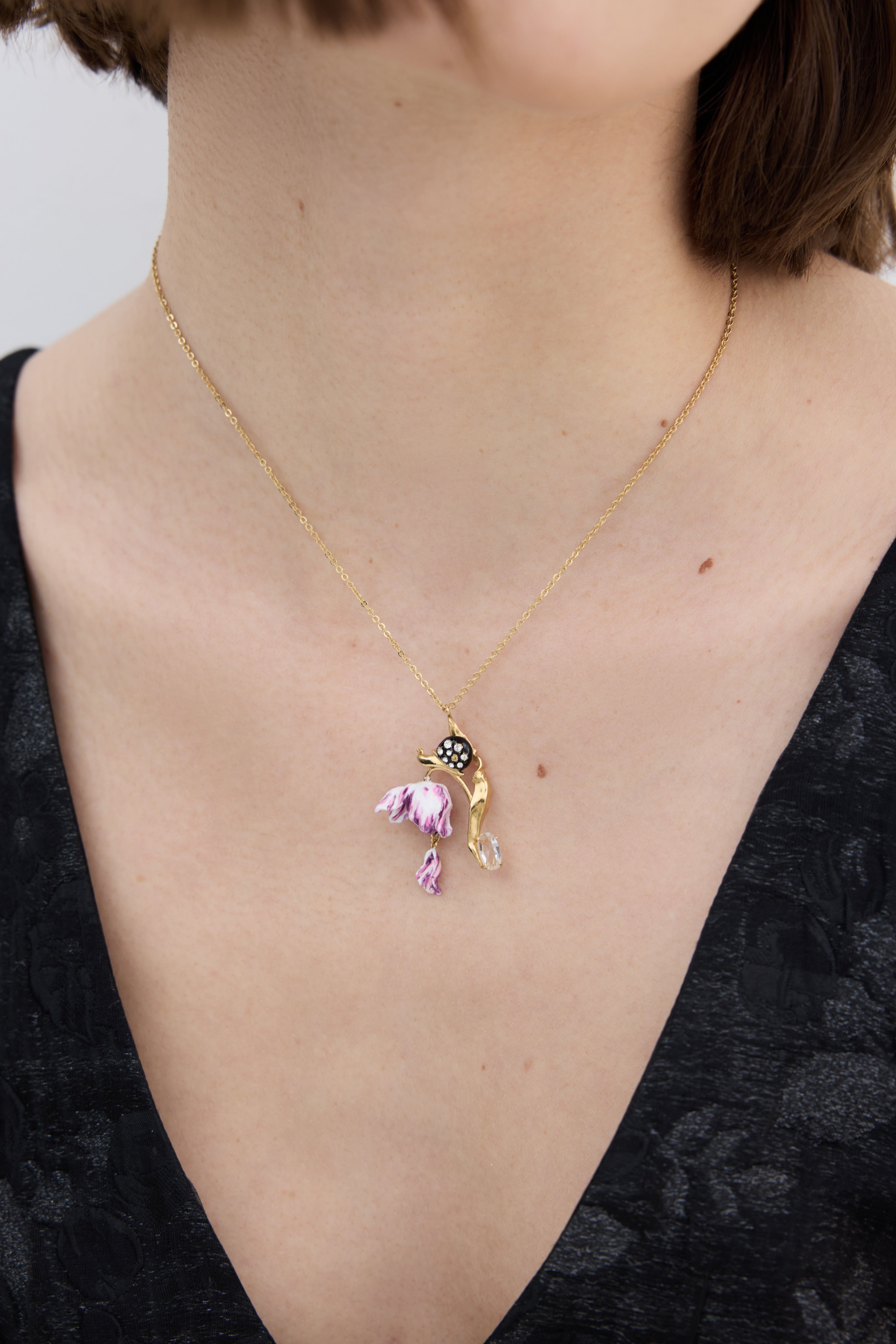 Purple tulip, snail and crystal pendant necklace