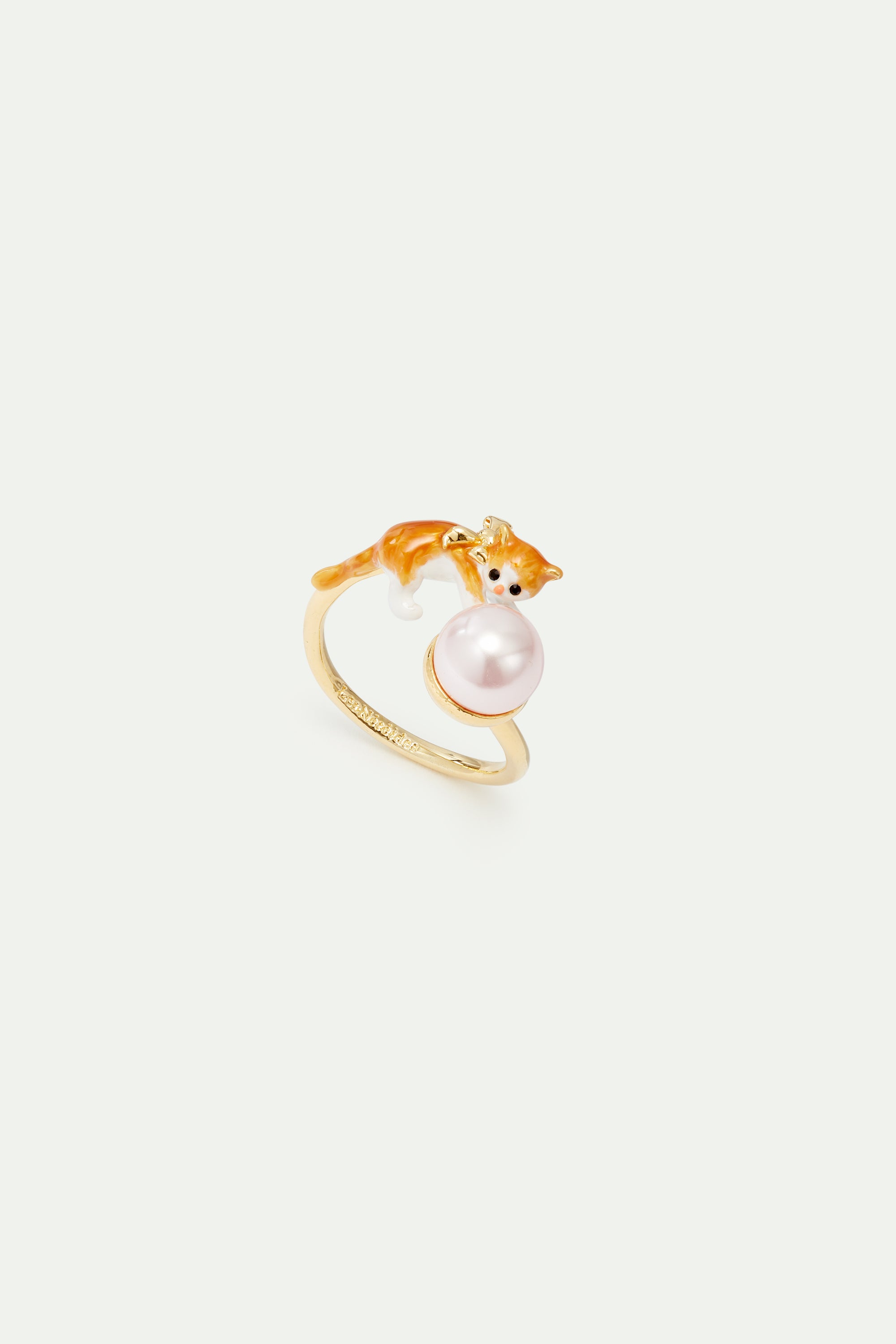 Orange tabby kitten and cultured pearl adjustable ring