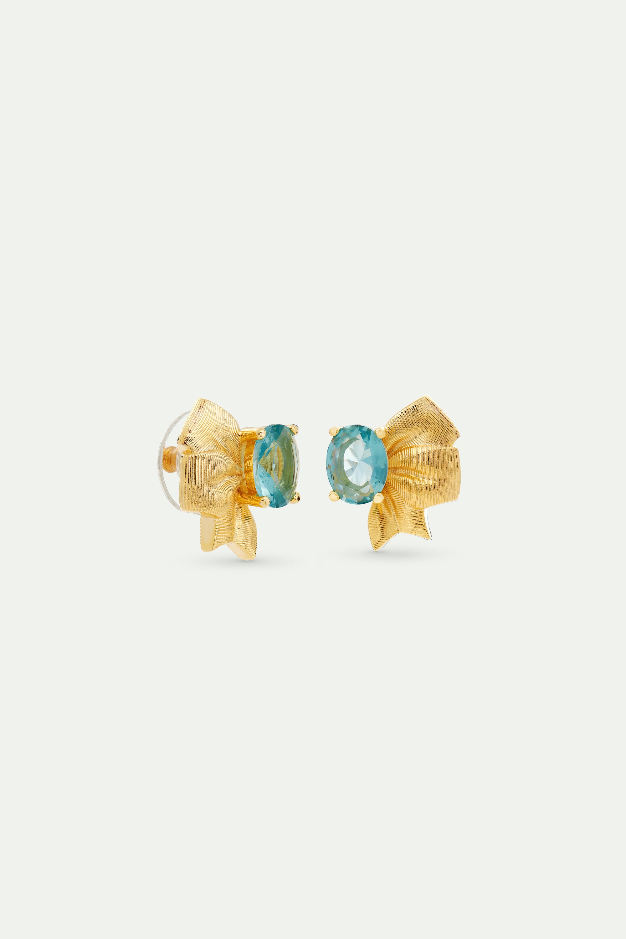 Gold ribbon and blue cut stone earrings