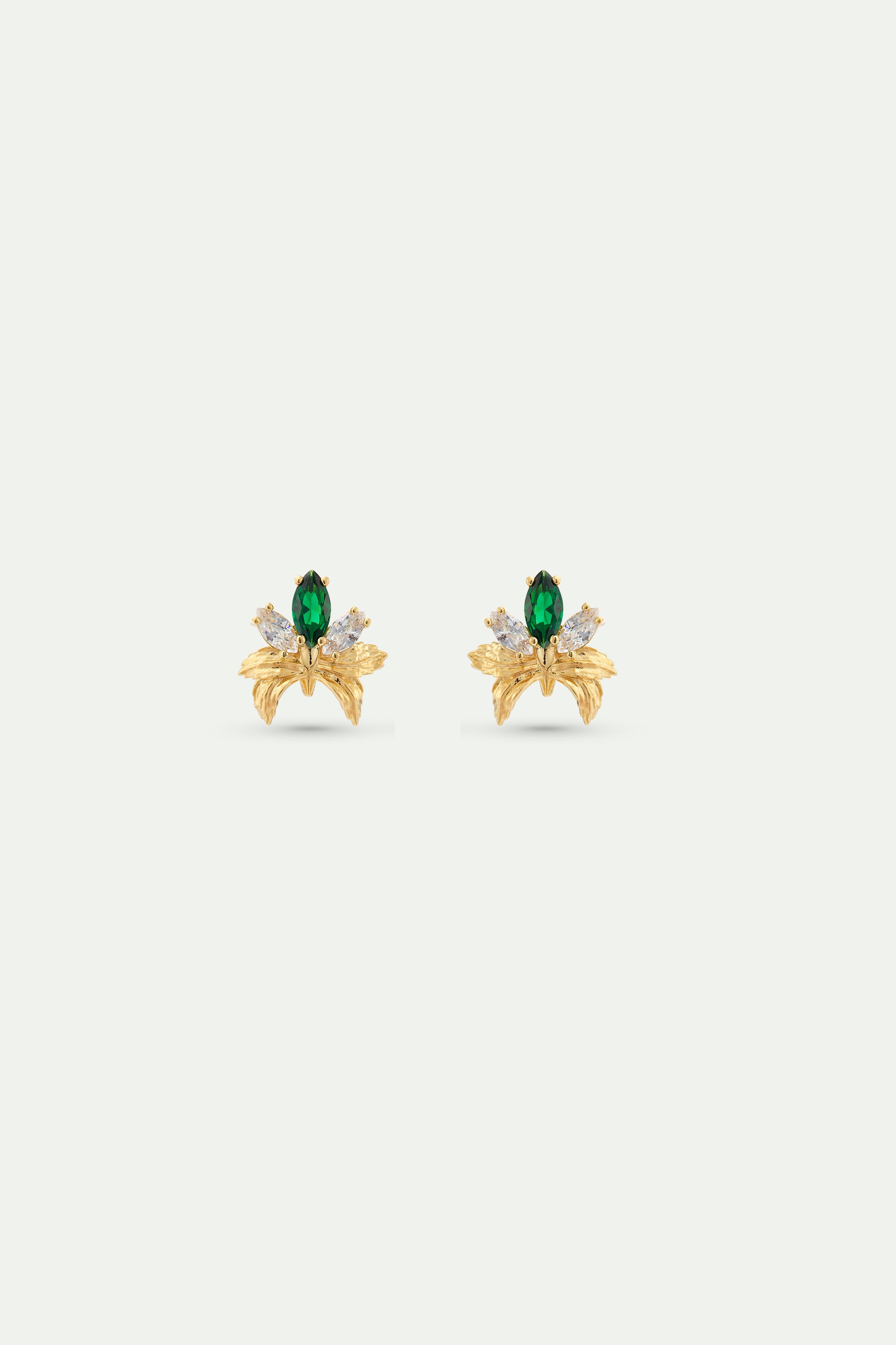 Gold clip-on earrings with orchids, white and green stones