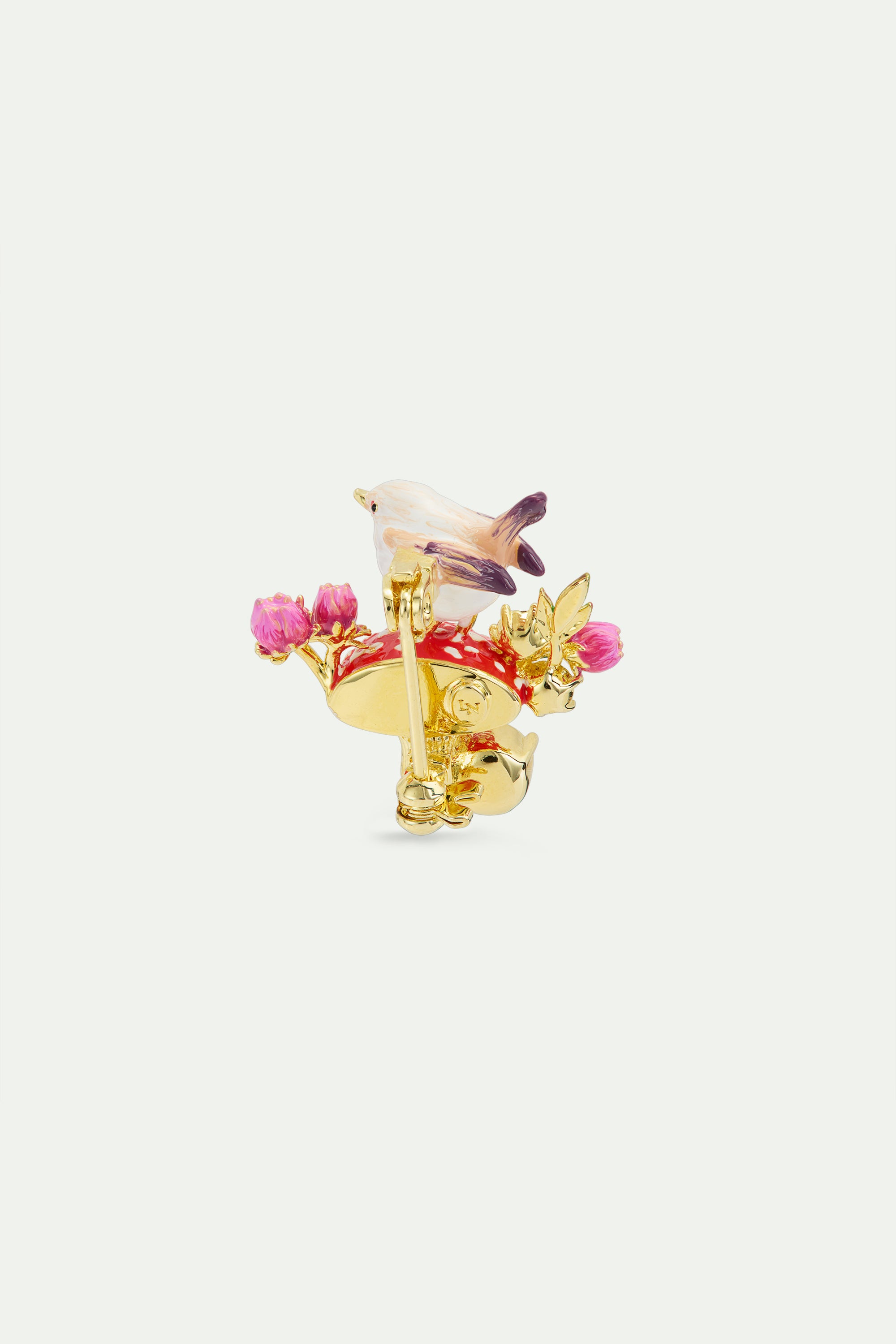 Snow bunting brooch with mushroom, rosebud and crystals